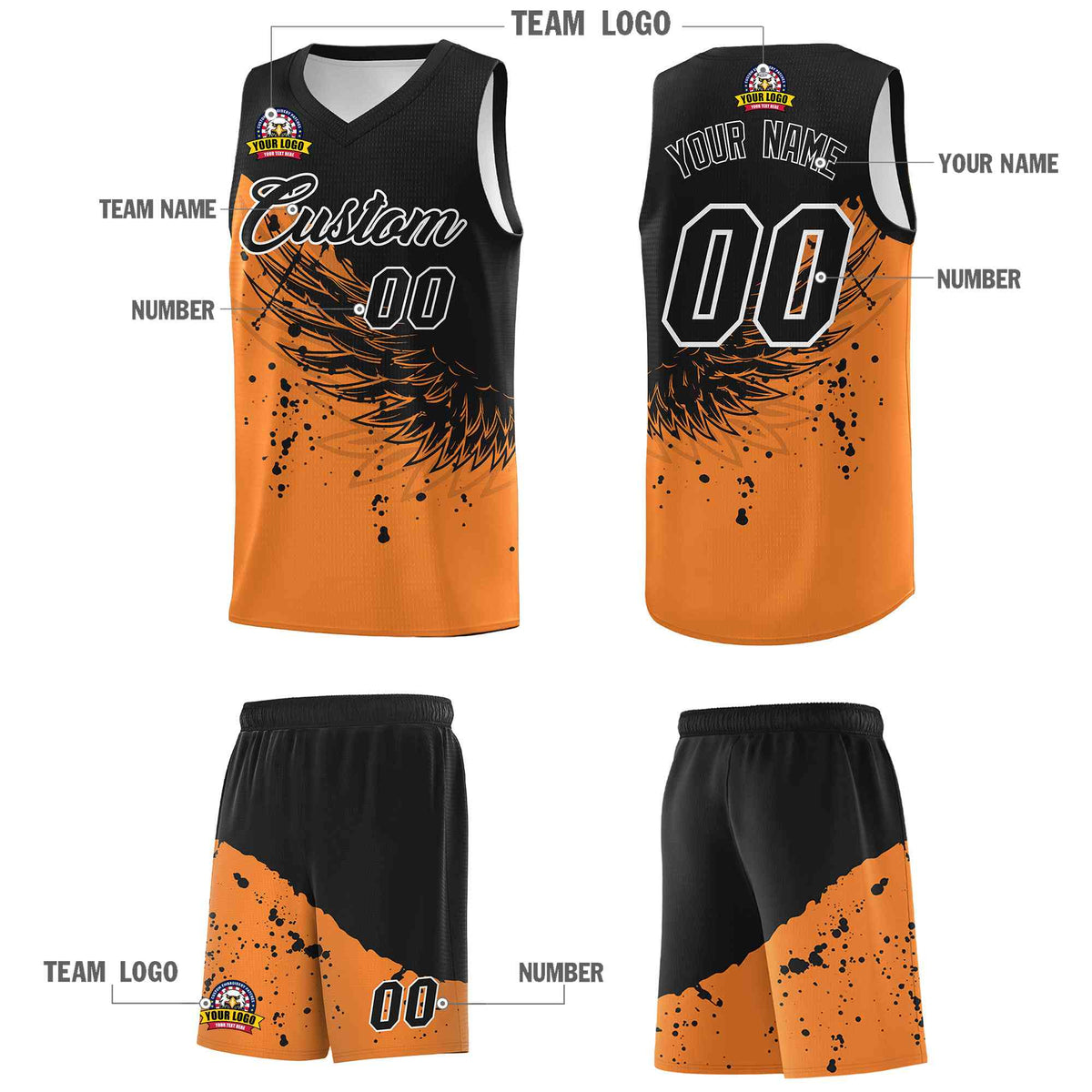 Custom Gold Orange Black Wing Pattern Sports Uniform Basketball Jersey