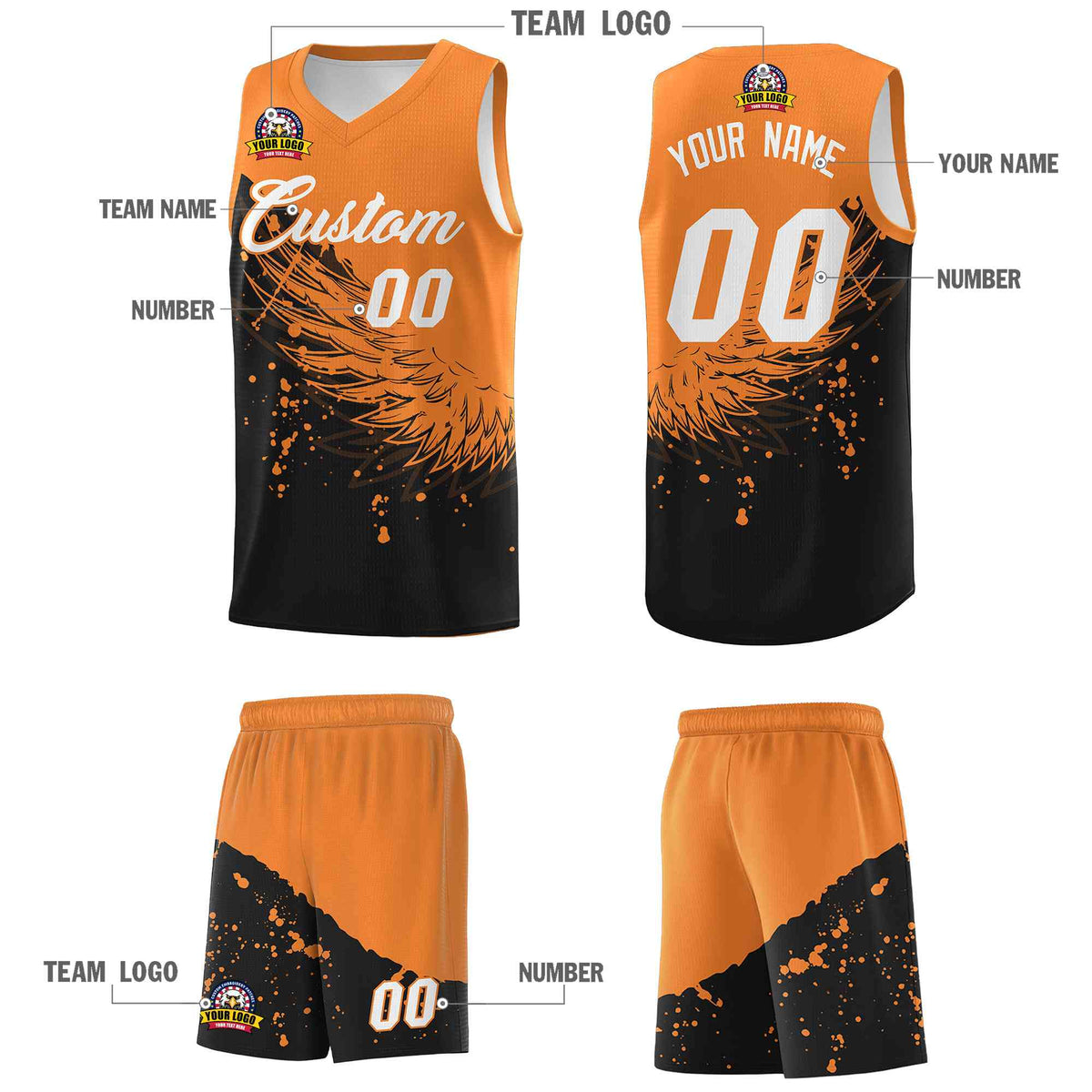 Custom Black Gold Orange Wing Pattern Sports Uniform Basketball Jersey