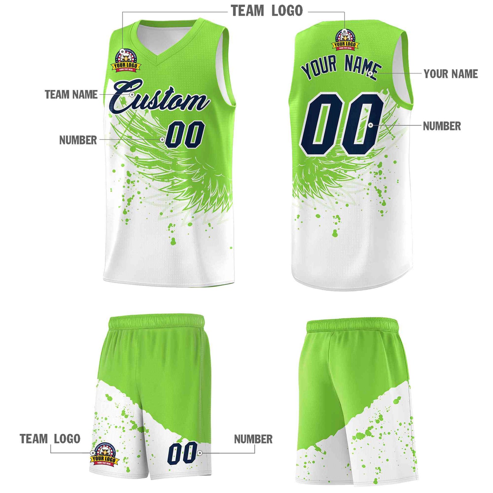 Custom White Fluorescent Green Wing Pattern Sports Uniform Basketball Jersey