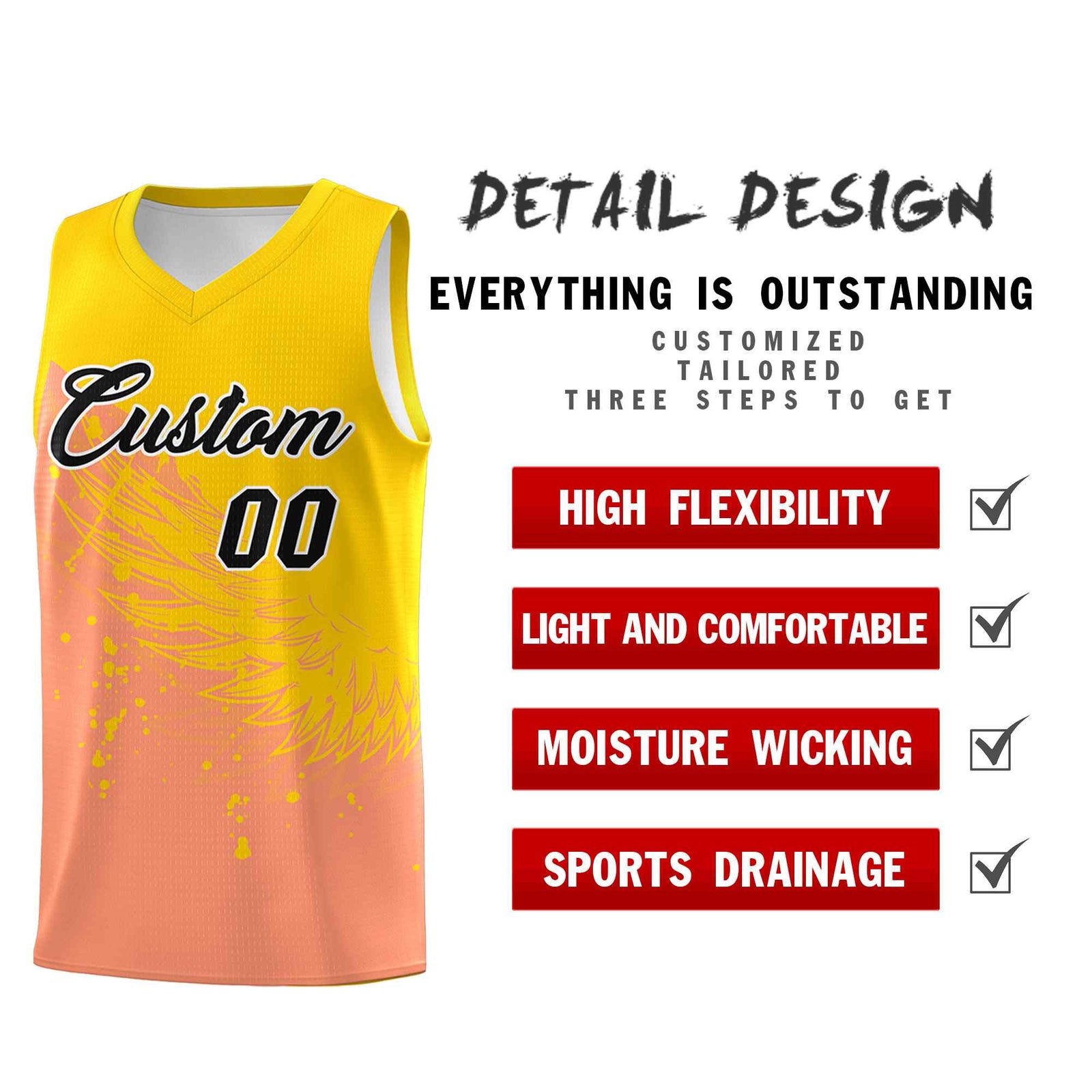 Custom Light Orange Gold Wing Pattern Sports Uniform Basketball Jersey| KXKSHOP