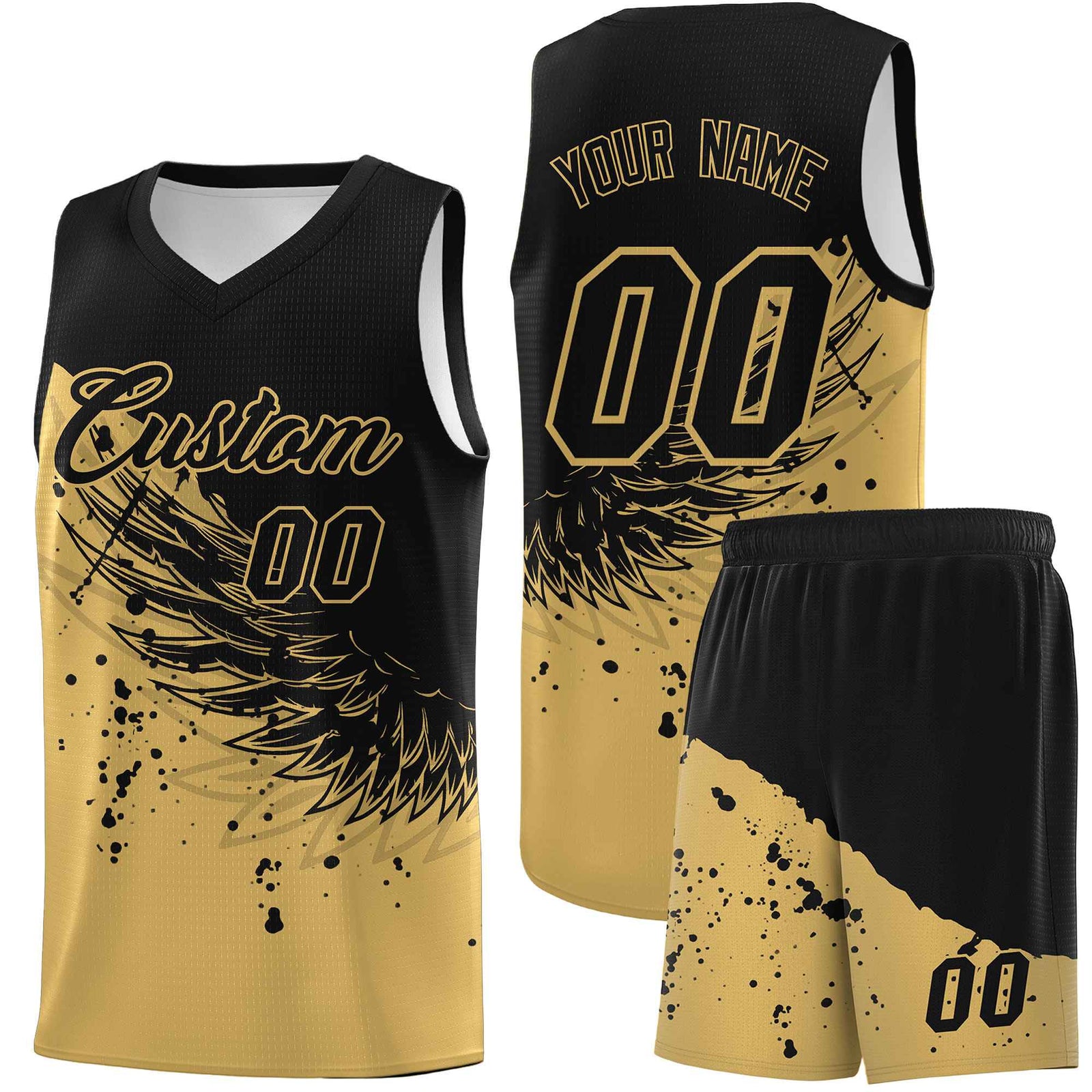 Custom Old Gold Black Wing Pattern Sports Uniform Basketball Jersey| KXKSHOP