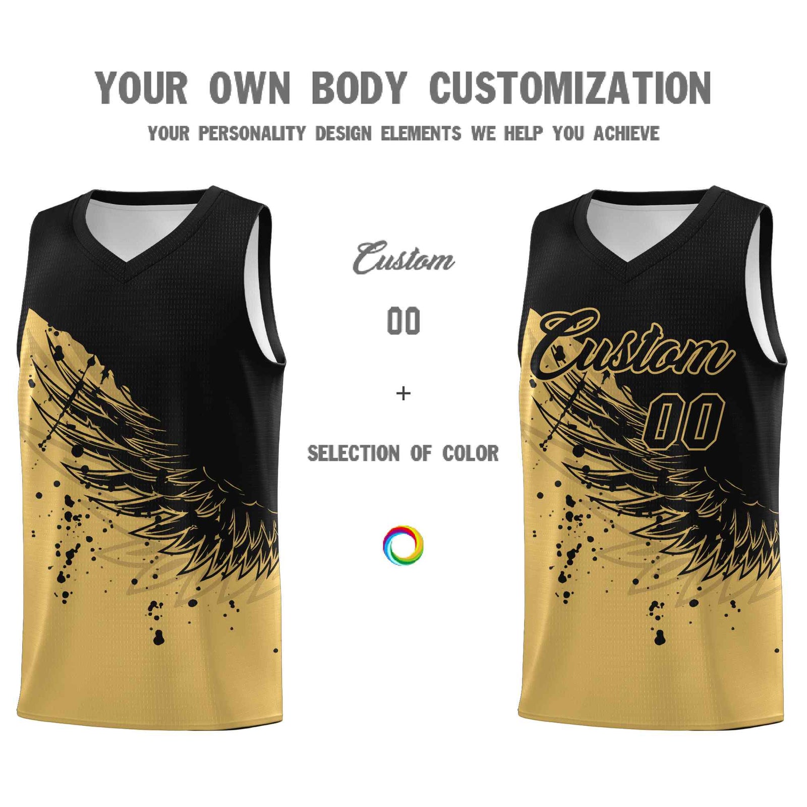 Custom Old Gold Black Wing Pattern Sports Uniform Basketball Jersey| KXKSHOP