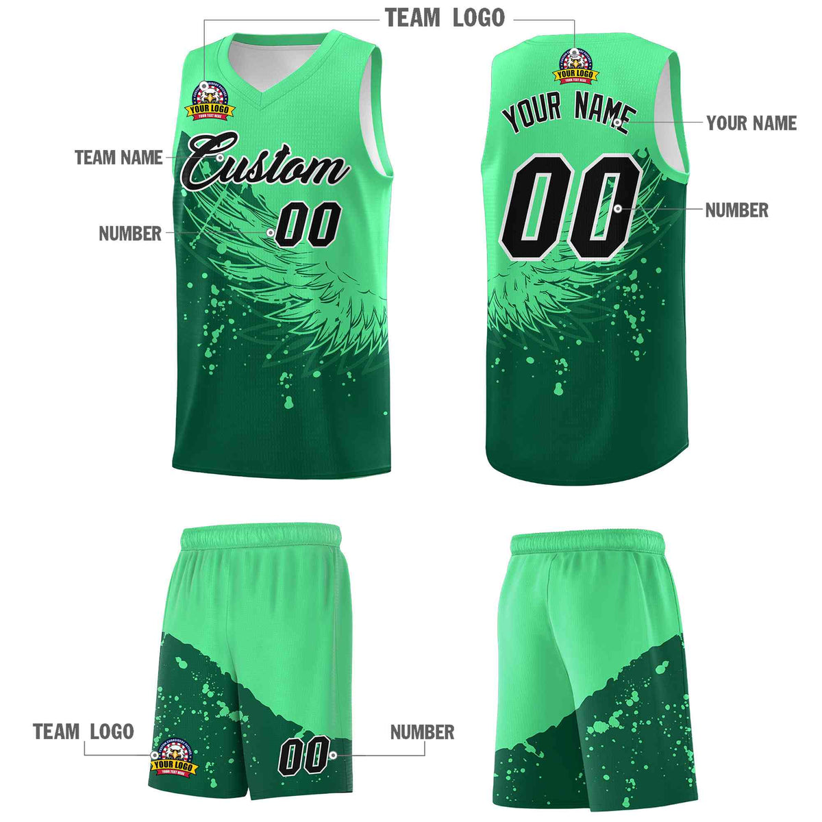 Custom Kelly Green Green Wing Pattern Sports Uniform Basketball Jersey