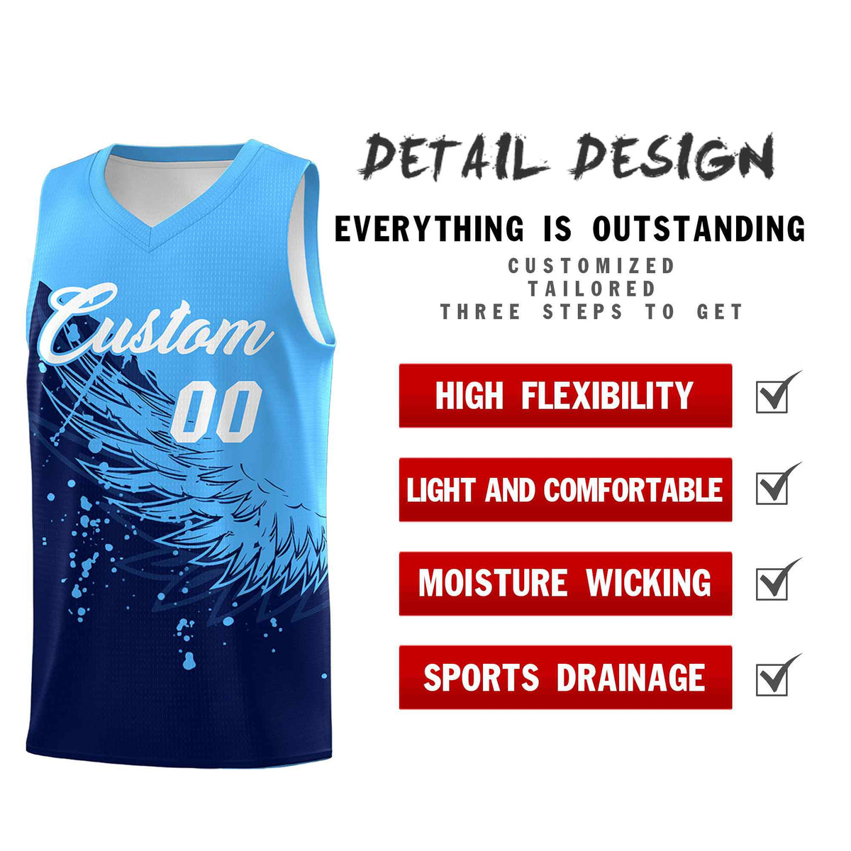 Custom Navy Powder Blue Wing Pattern Sports Uniform Basketball Jersey| KXKSHOP