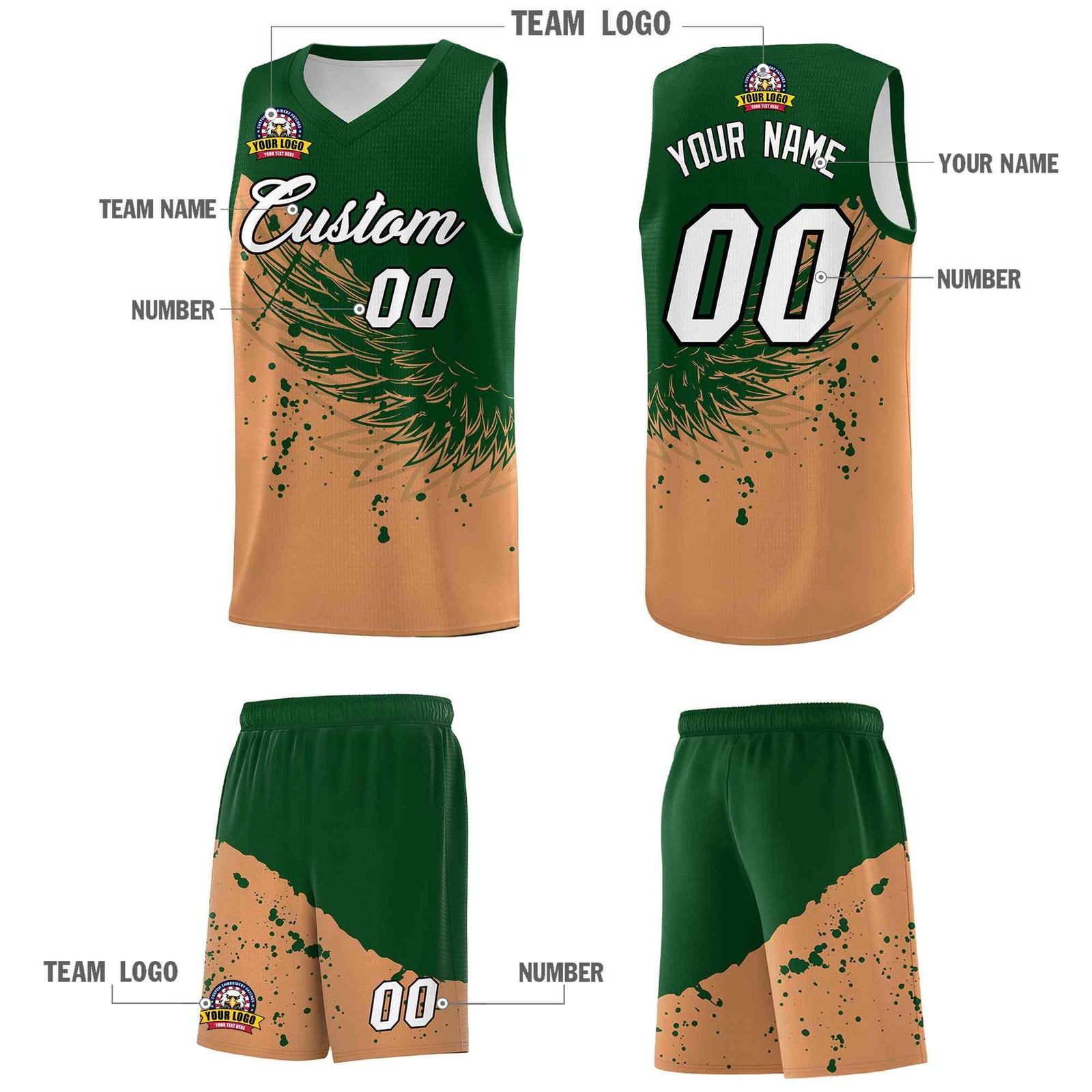 Custom Buckskin Brown Green Wing Pattern Sports Uniform Basketball Jersey| KXKSHOP
