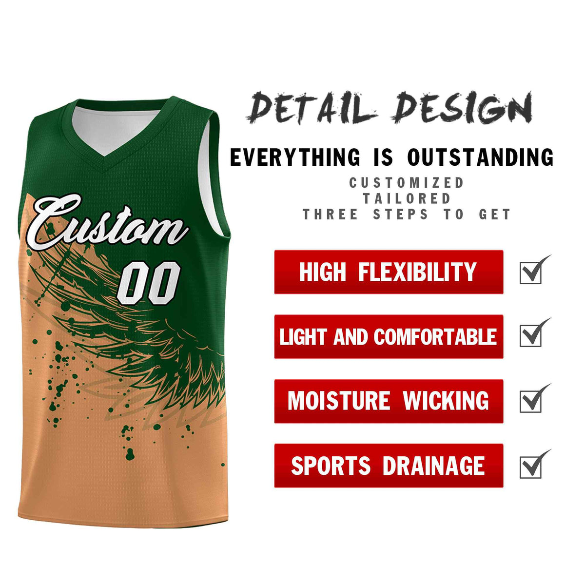 Custom Buckskin Brown Green Wing Pattern Sports Uniform Basketball Jersey| KXKSHOP