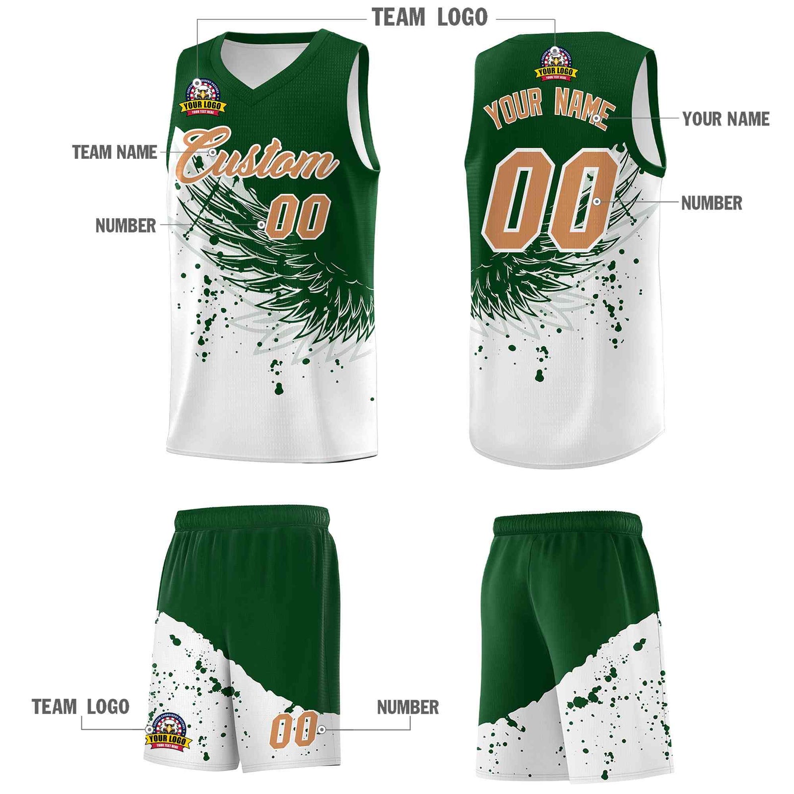 Custom White Green Wing Pattern Sports Uniform Basketball Jersey| KXKSHOP