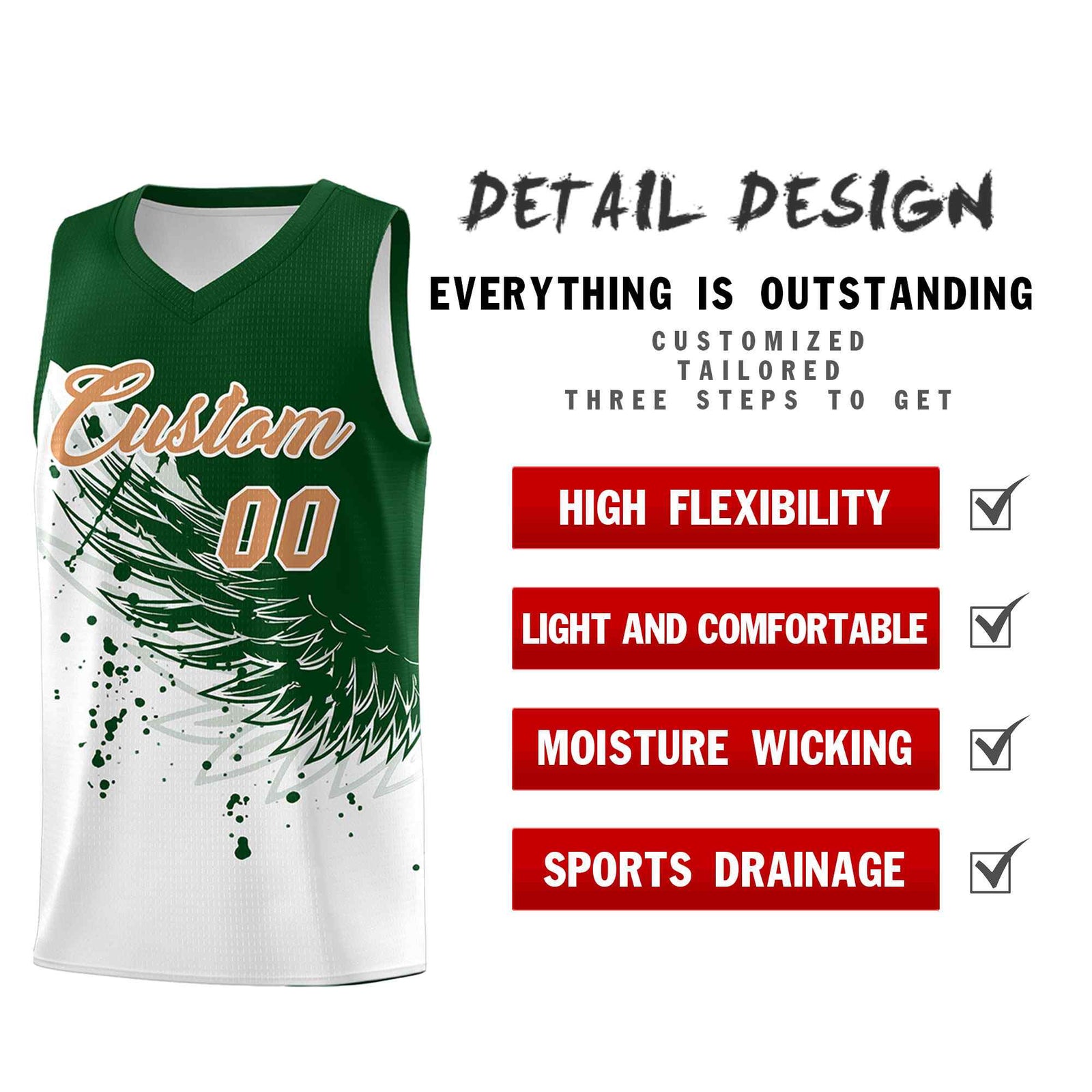 Custom White Green Wing Pattern Sports Uniform Basketball Jersey| KXKSHOP