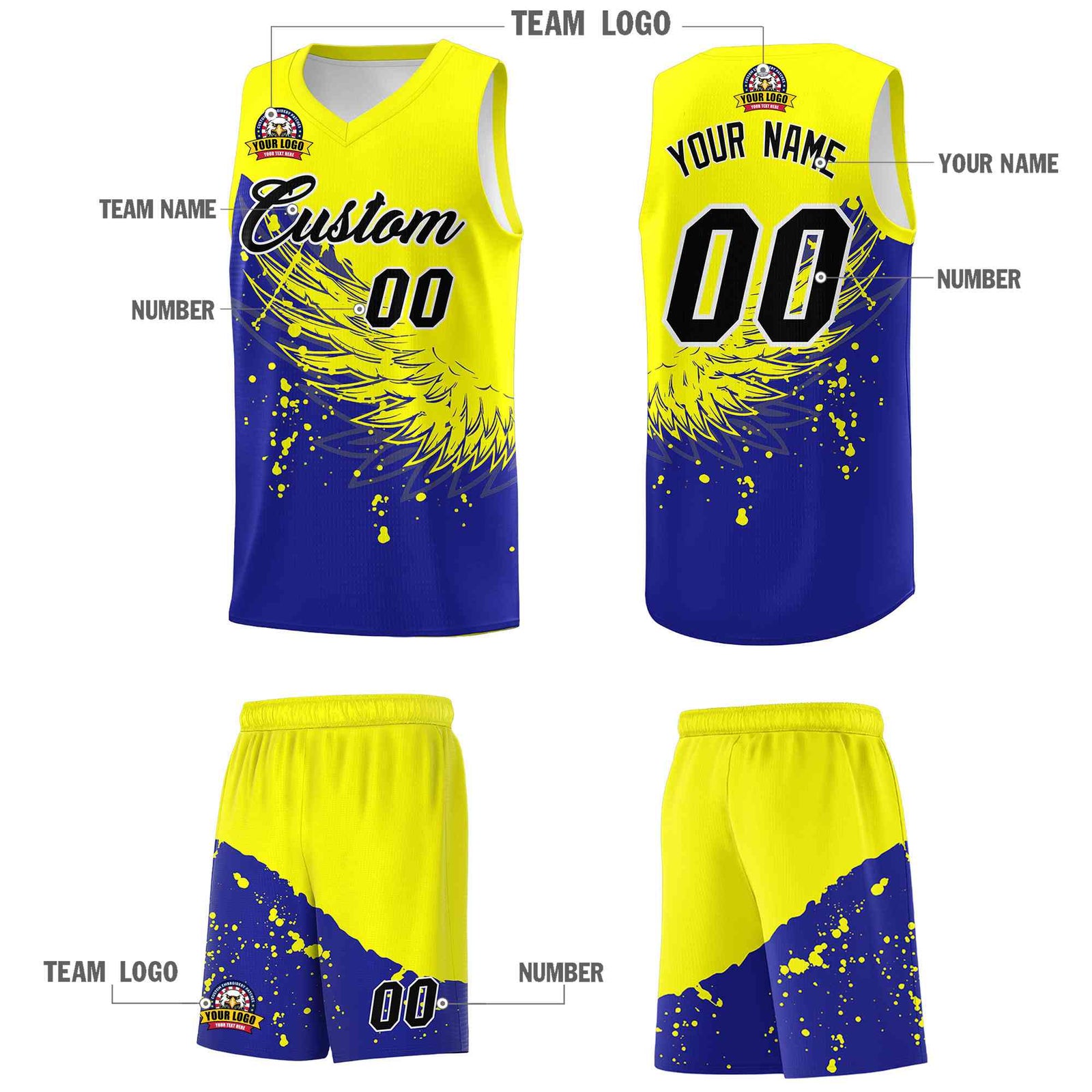 Custom Royal Fluorescent Yellow Wing Pattern Sports Uniform Basketball Jersey| KXKSHOP