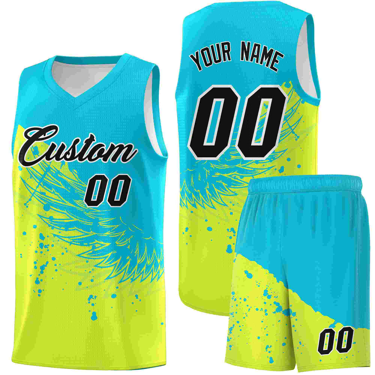 Custom Fluorescent Green Sky Blue Wing Pattern Sports Uniform Basketball Jersey| KXKSHOP