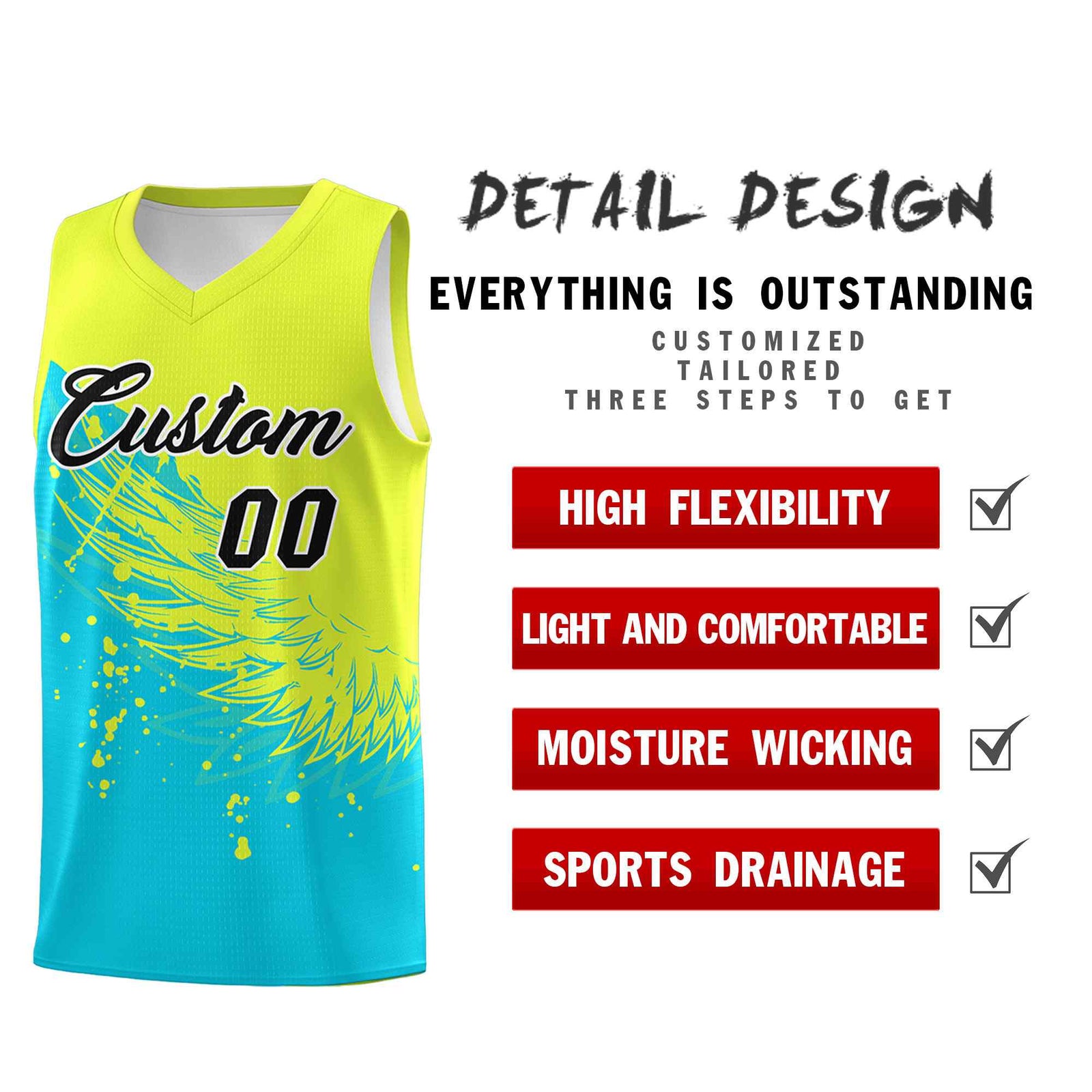 Custom Sky Blue Fluorescent Green Wing Pattern Sports Uniform Basketball Jersey| KXKSHOP