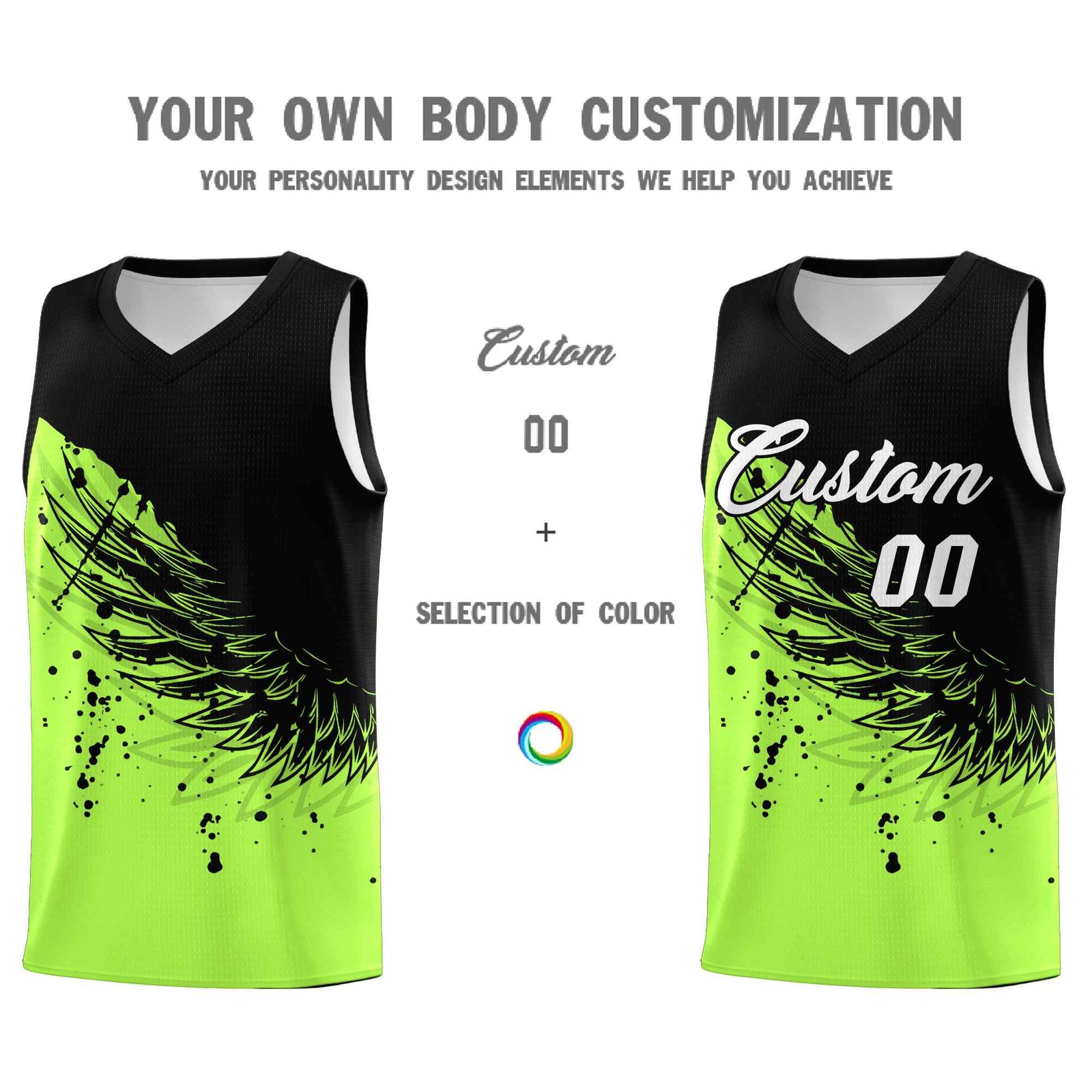 Custom Fluorescent Green Black Wing Pattern Sports Uniform Basketball Jersey| KXKSHOP