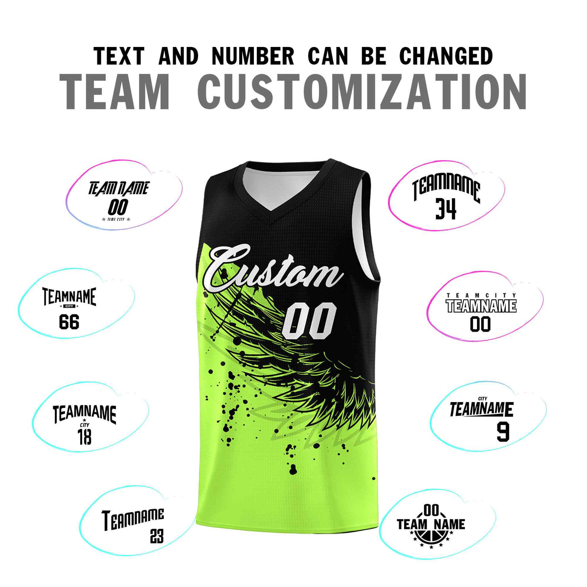 Custom Fluorescent Green Black Wing Pattern Sports Uniform Basketball Jersey| KXKSHOP