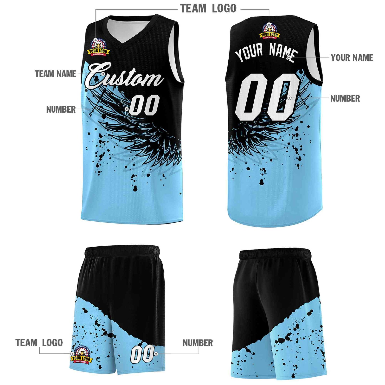 Custom Light Blue Black Wing Pattern Sports Uniform Basketball Jersey| KXKSHOP