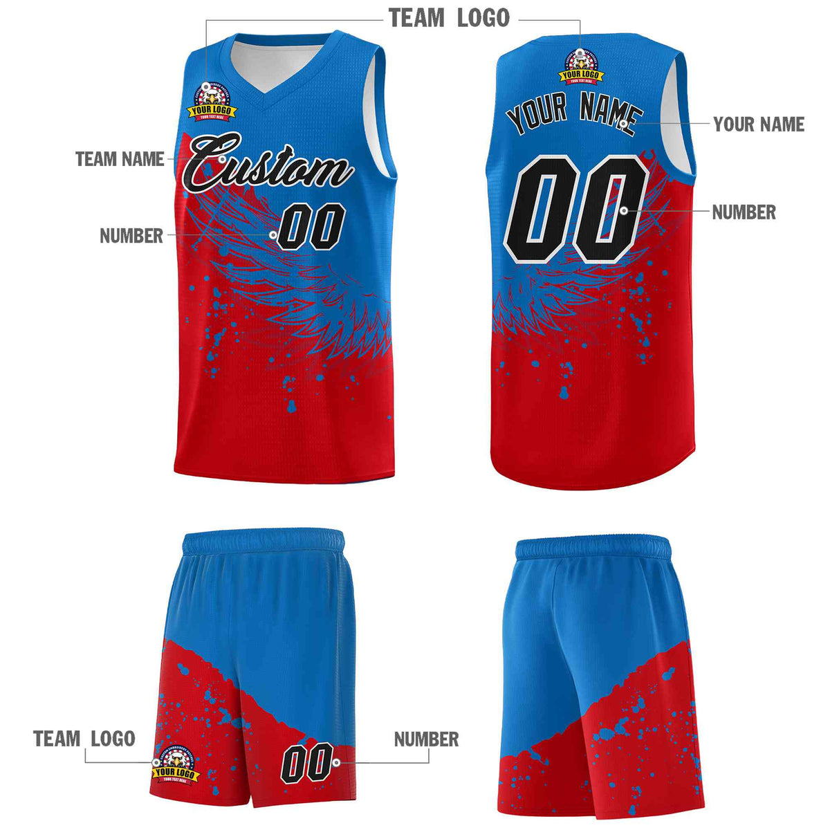 Custom Red Royal Wing Pattern Sports Uniform Basketball Jersey