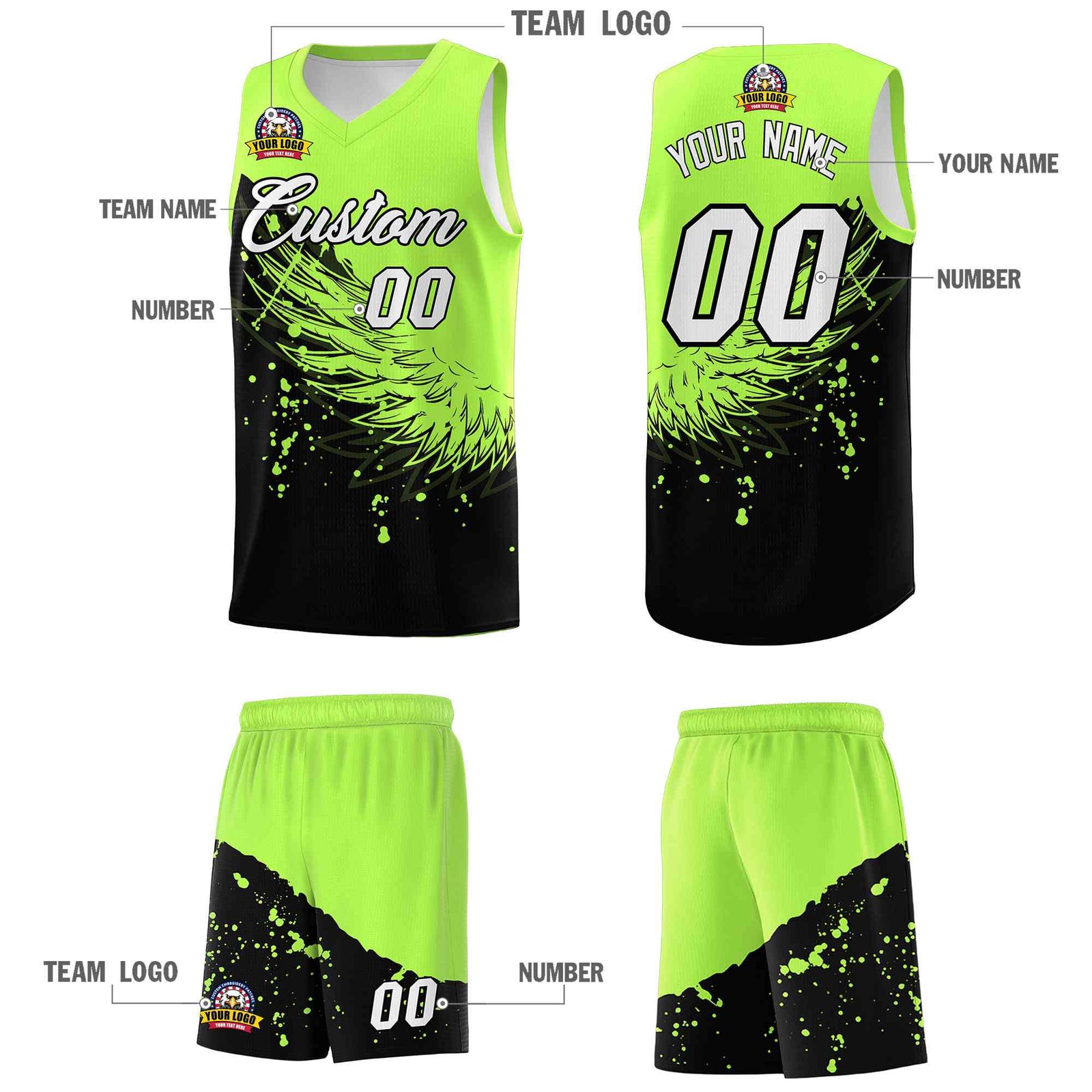 Custom Black Fluorescent Green Wing Pattern Sports Uniform Basketball Jersey| KXKSHOP