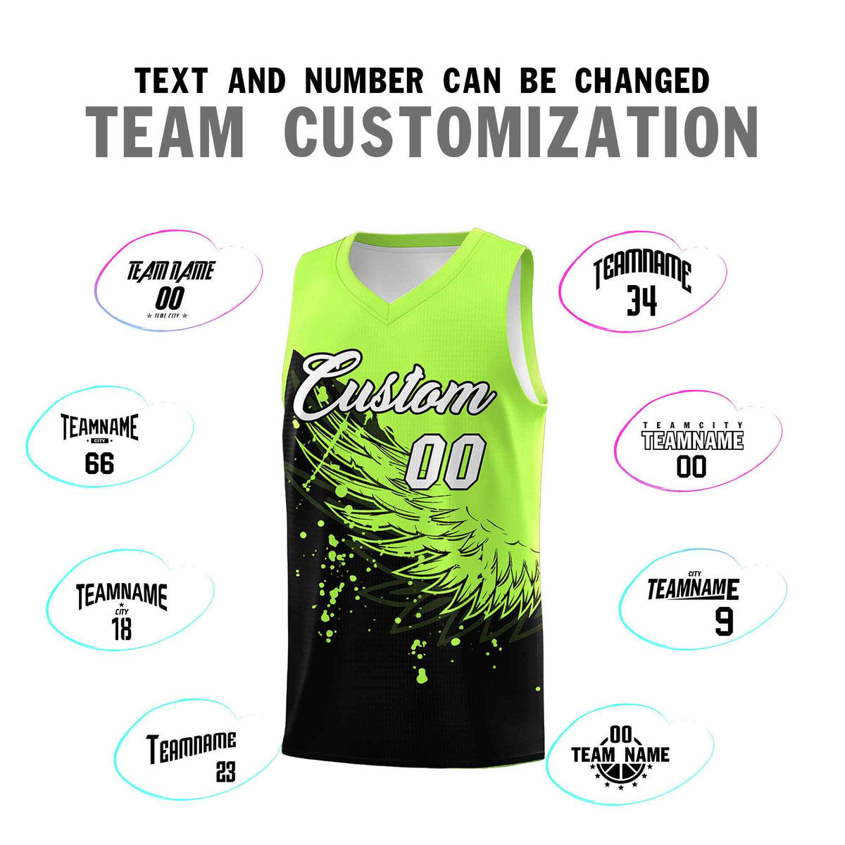 Custom Black Fluorescent Green Wing Pattern Sports Uniform Basketball Jersey| KXKSHOP