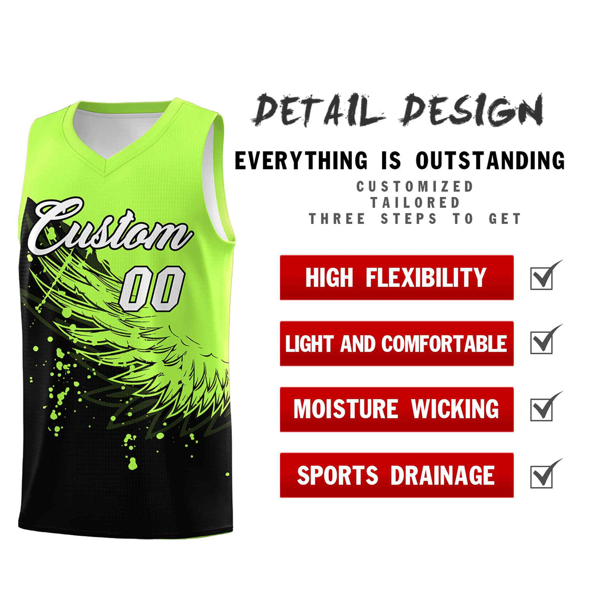Custom Black Fluorescent Green Wing Pattern Sports Uniform Basketball Jersey| KXKSHOP