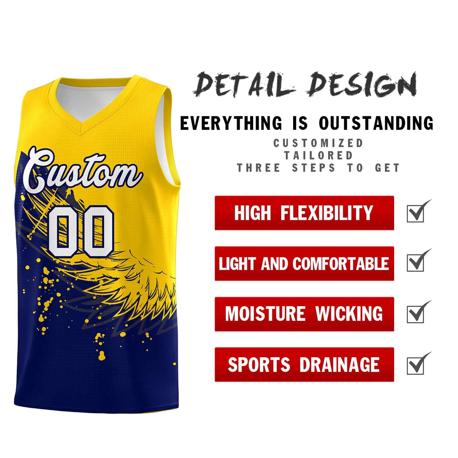 Custom Navy Gold Wing Pattern Sports Uniform Basketball Jersey