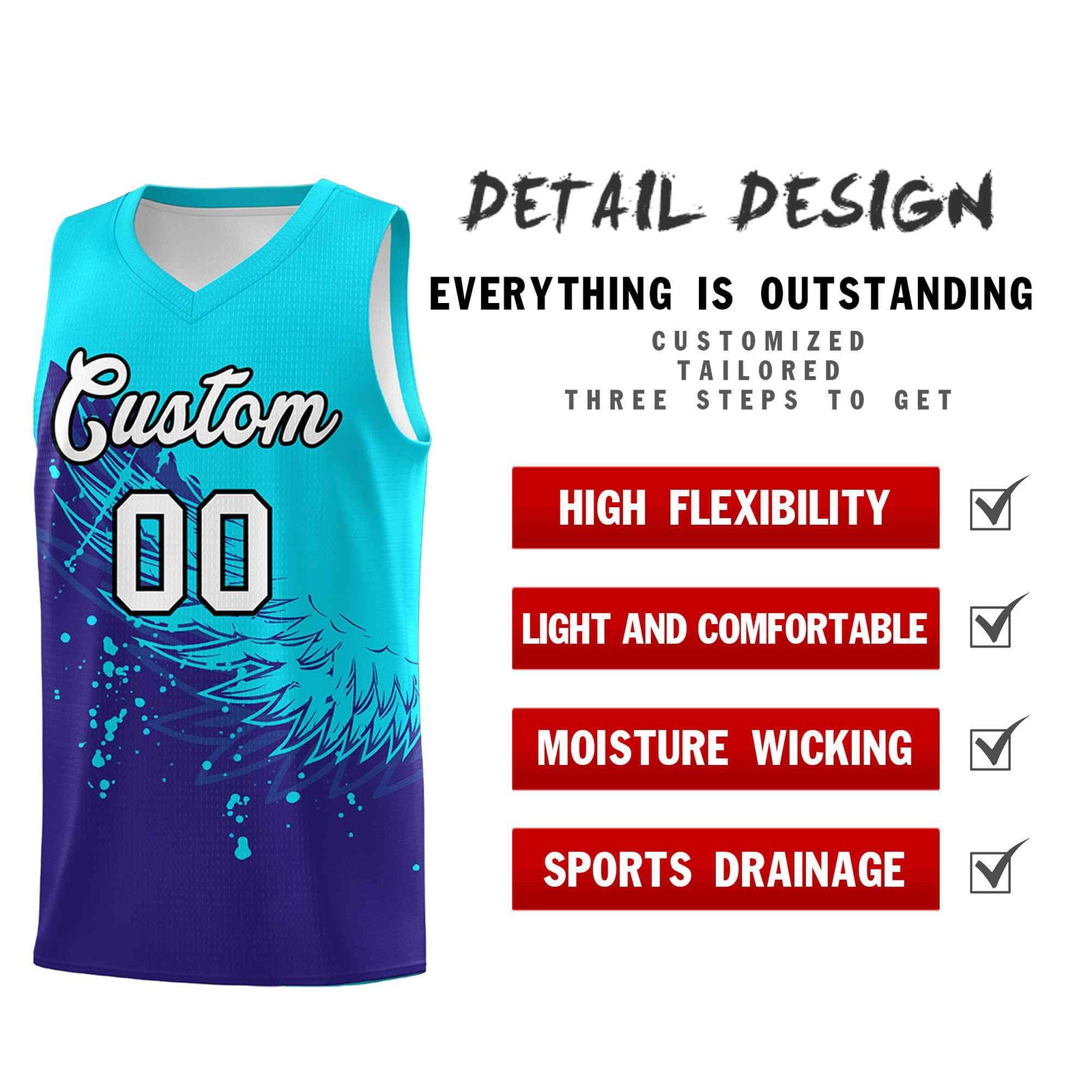 Custom Royal Sky Blue Wing Pattern Sports Uniform Basketball Jersey