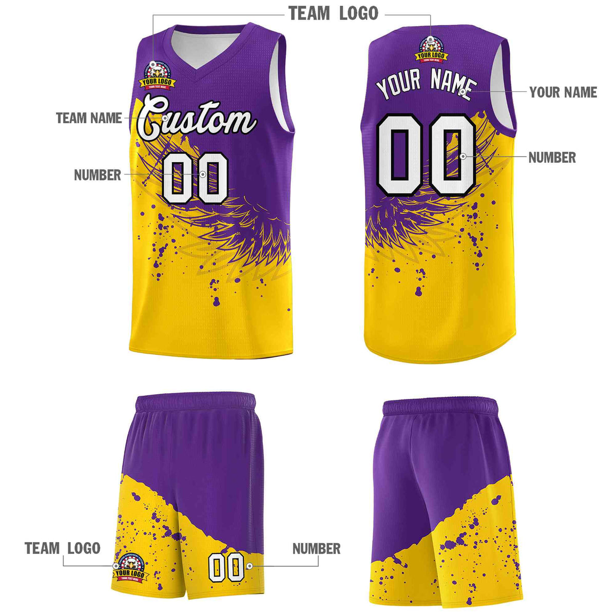 Custom Gold Purple Wing Pattern Sports Uniform Basketball Jersey