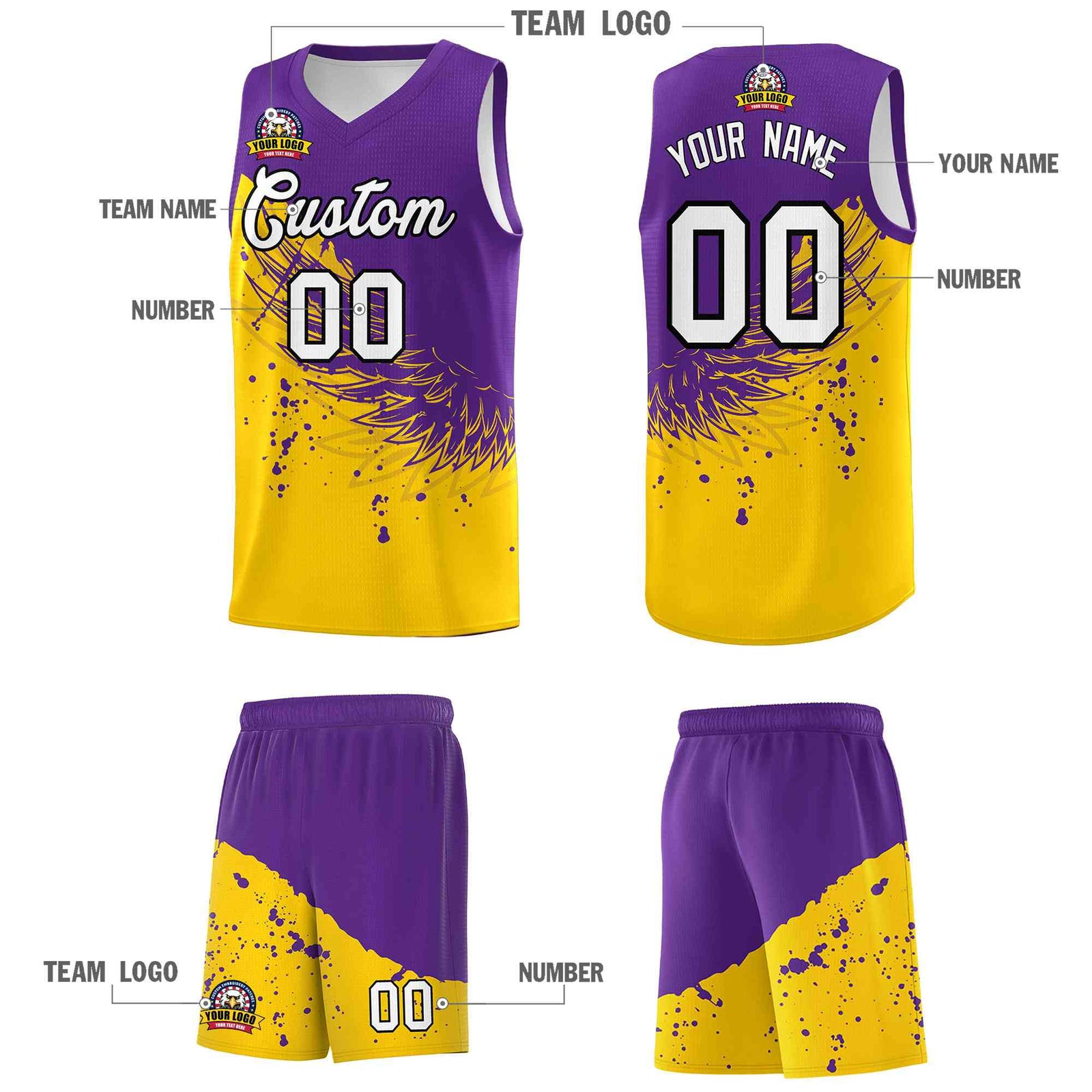 Custom Gold Purple Wing Pattern Sports Uniform Basketball Jersey