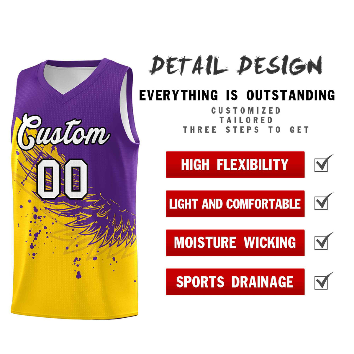 Custom Gold Purple Wing Pattern Sports Uniform Basketball Jersey