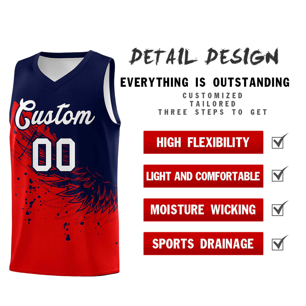 Custom Red Navy Wing Pattern Sports Uniform Basketball Jersey
