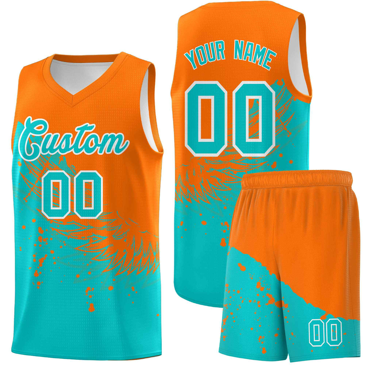 Custom Aqua Orange Wing Pattern Sports Uniform Basketball Jersey