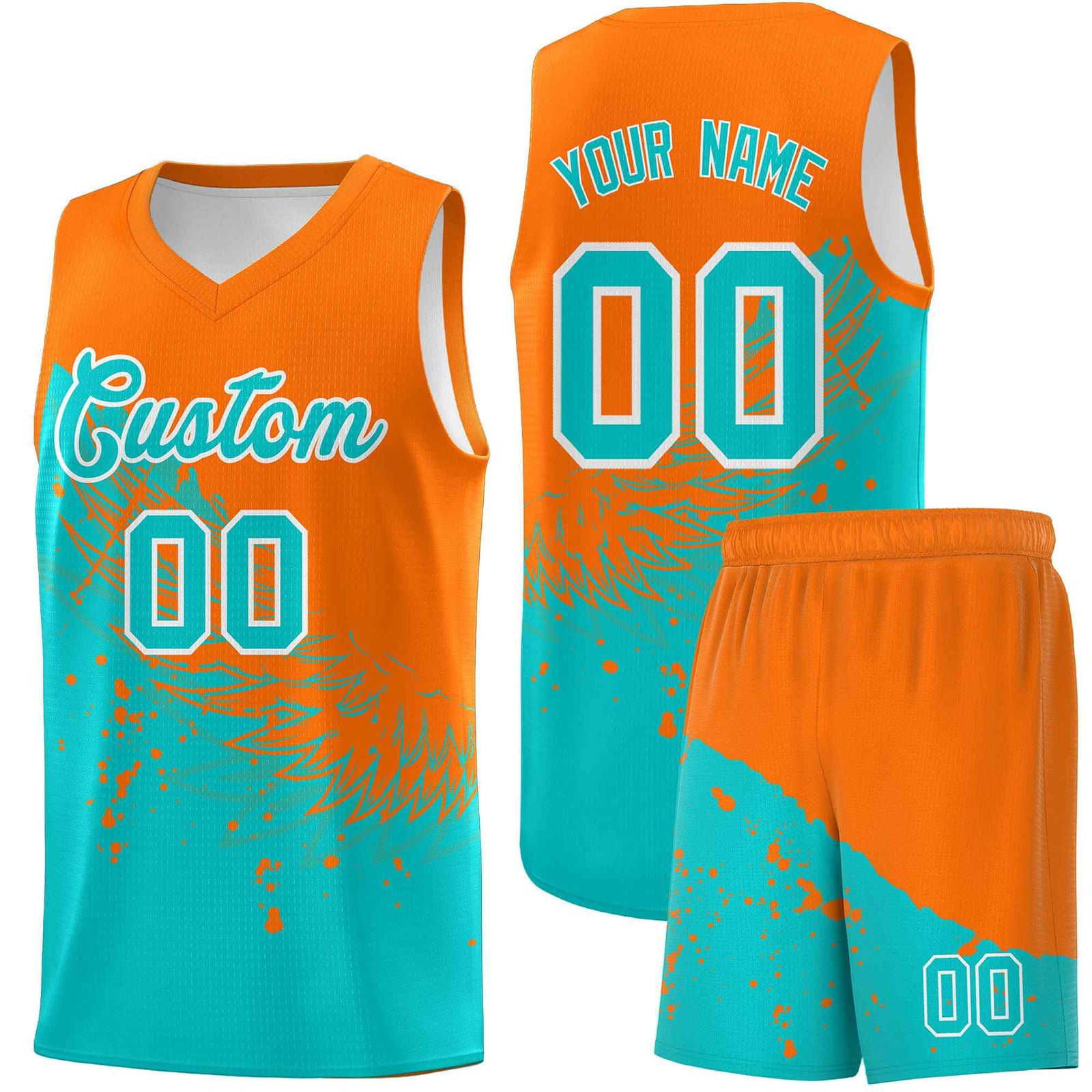 Custom Aqua Orange Wing Pattern Sports Uniform Basketball Jersey