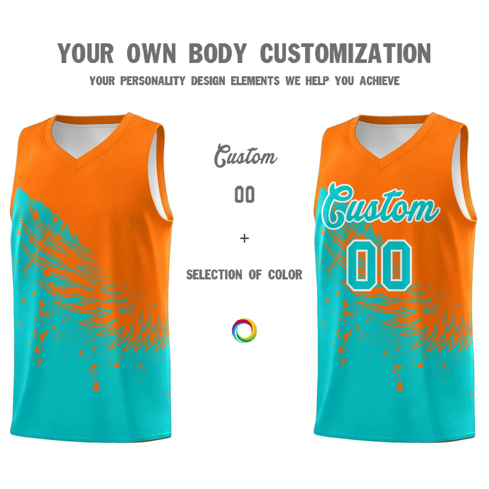 Custom Aqua Orange Wing Pattern Sports Uniform Basketball Jersey