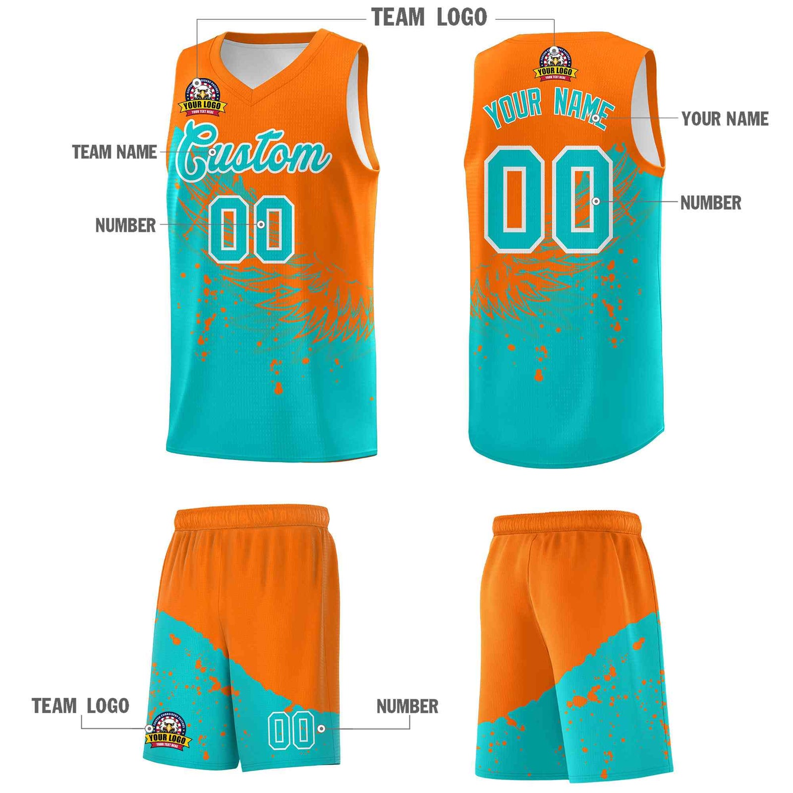 Custom Aqua Orange Wing Pattern Sports Uniform Basketball Jersey