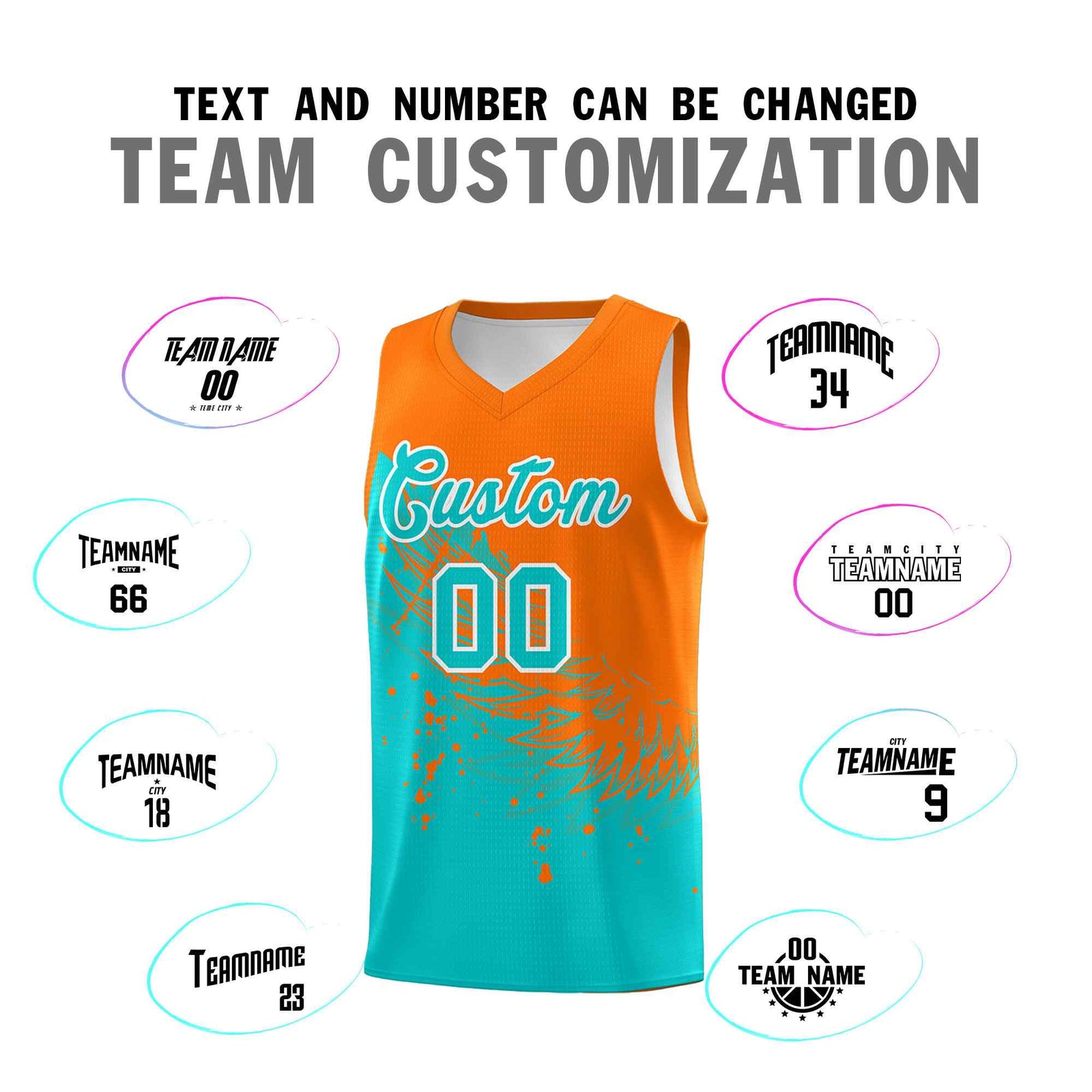 Custom Aqua Orange Wing Pattern Sports Uniform Basketball Jersey