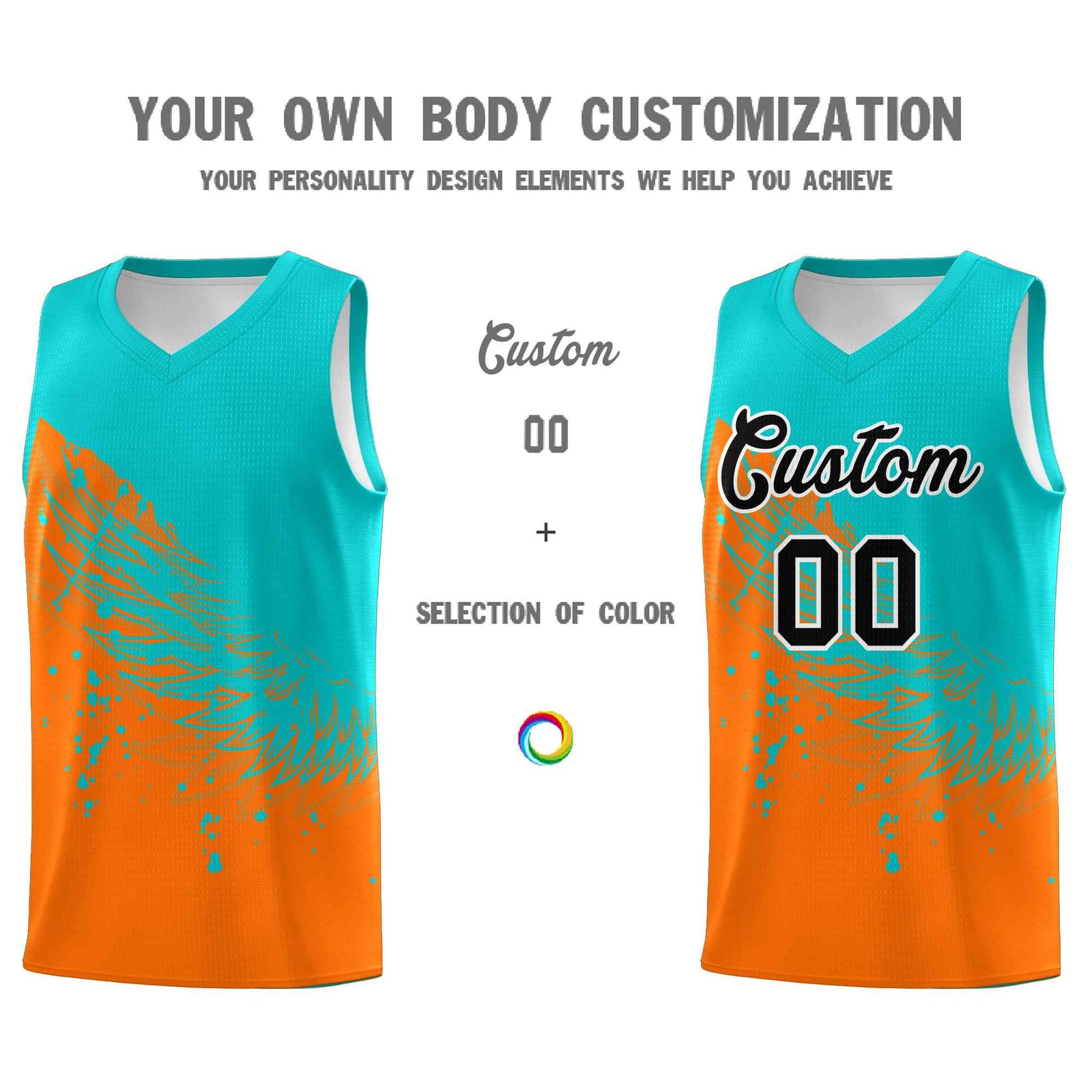 Custom Orange Aqua Wing Pattern Sports Uniform Basketball Jersey