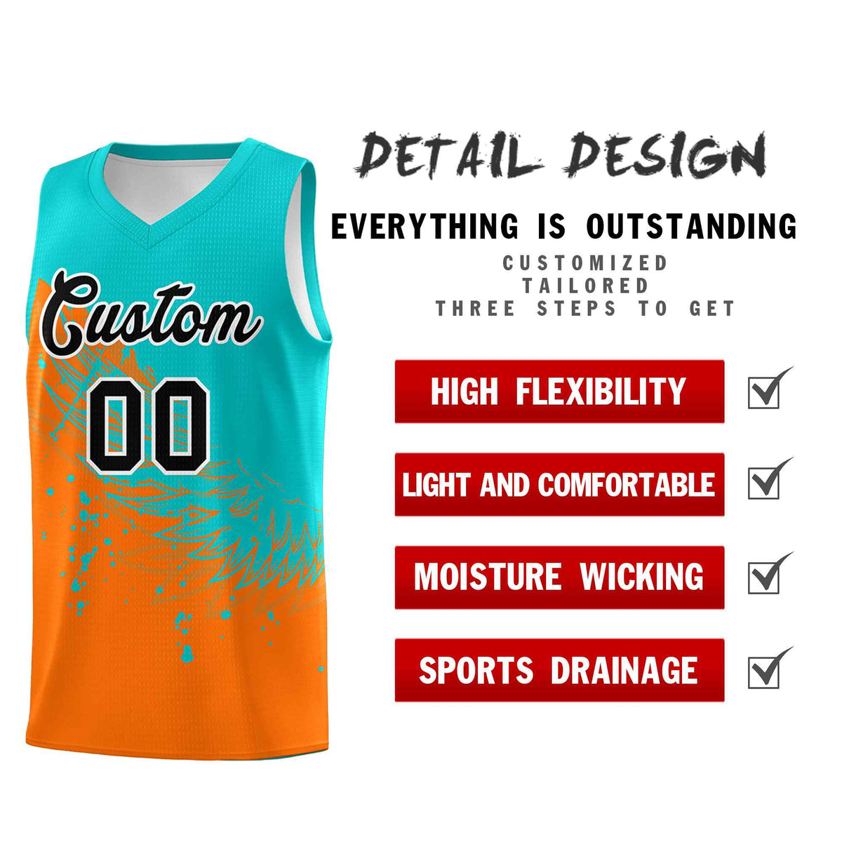 Custom Orange Aqua Wing Pattern Sports Uniform Basketball Jersey