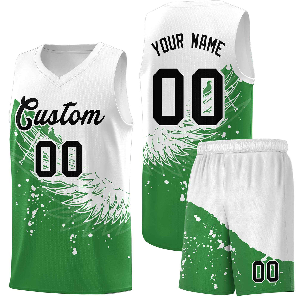 Custom Kelly Green White Wing Pattern Sports Uniform Basketball Jersey