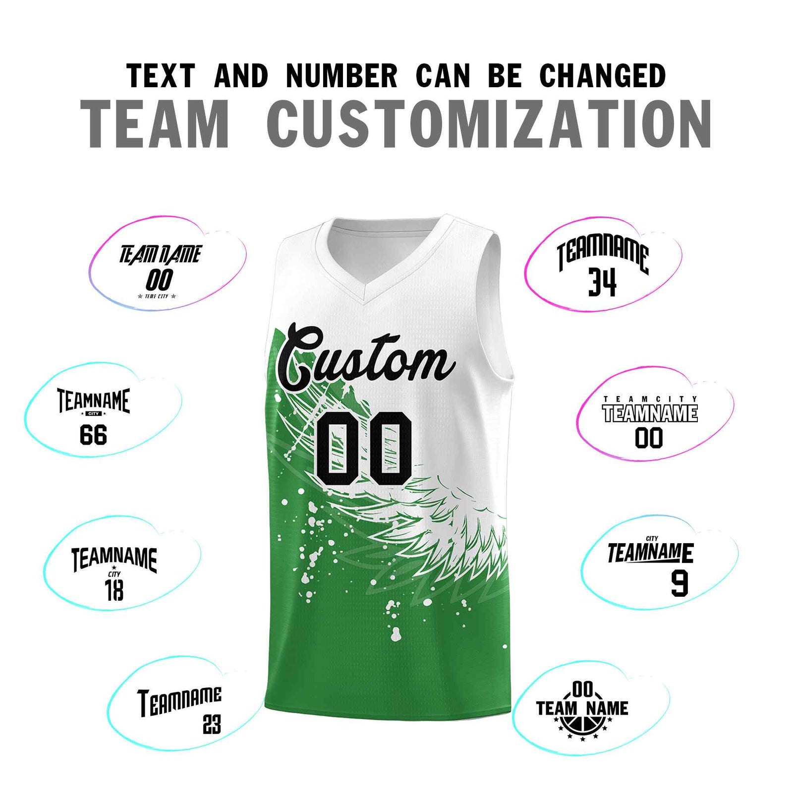 Custom Kelly Green White Wing Pattern Sports Uniform Basketball Jersey