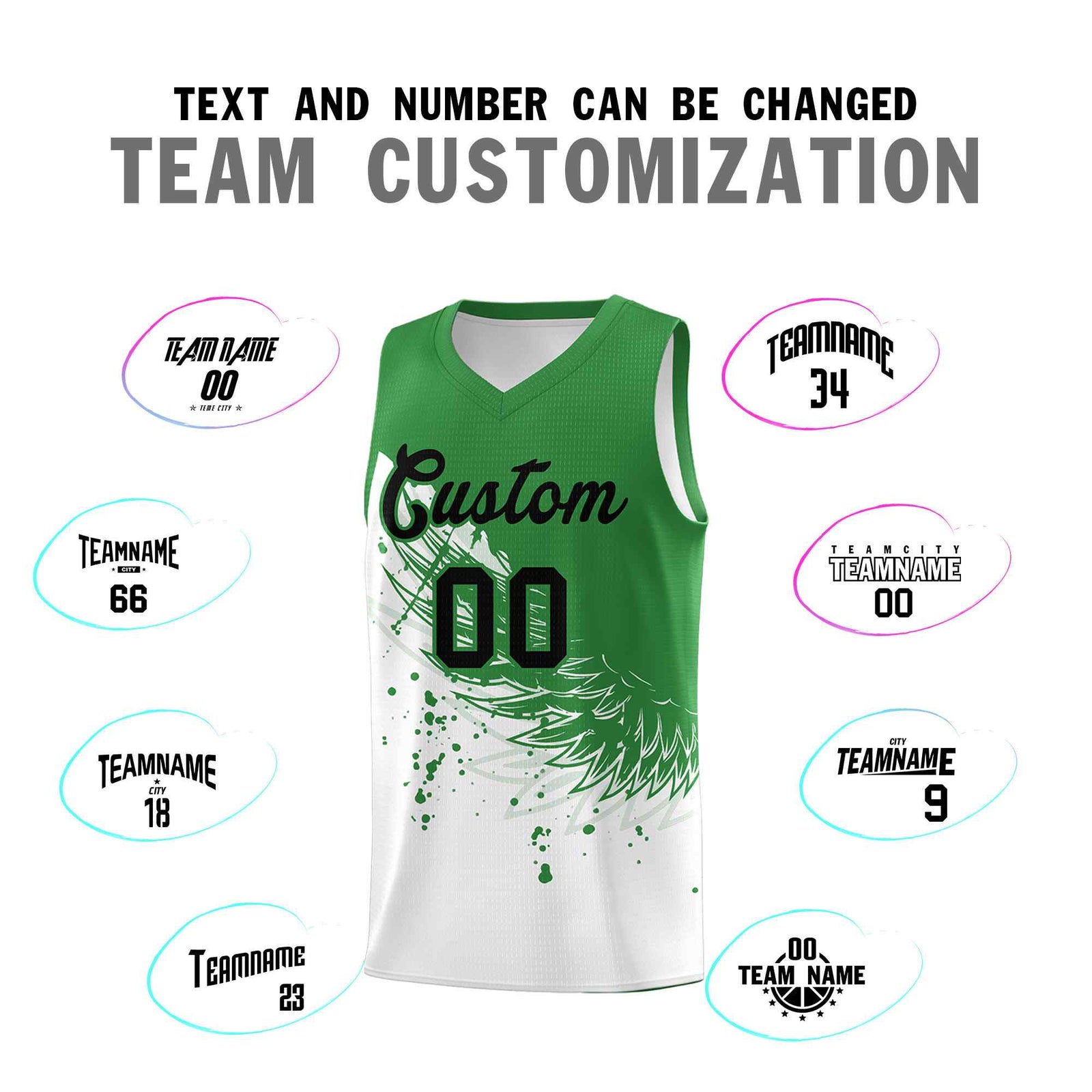Custom White Kelly Green Wing Pattern Sports Uniform Basketball Jersey