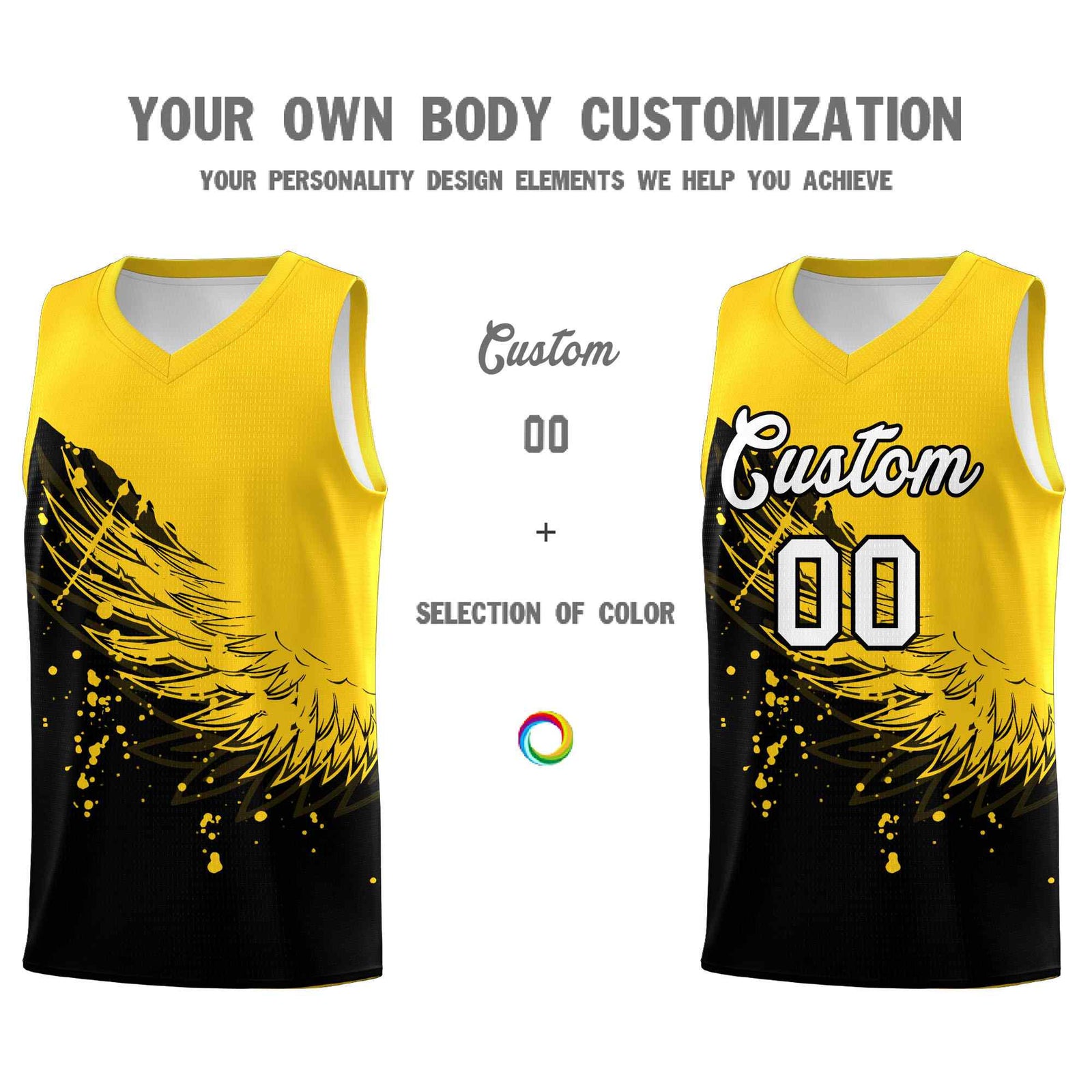 Custom Black Gold Wing Pattern Sports Uniform Basketball Jersey