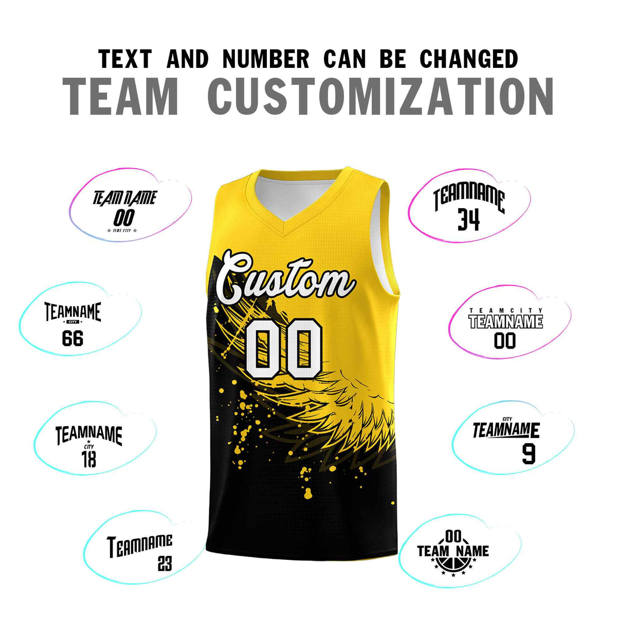 Custom Black Gold Wing Pattern Sports Uniform Basketball Jersey