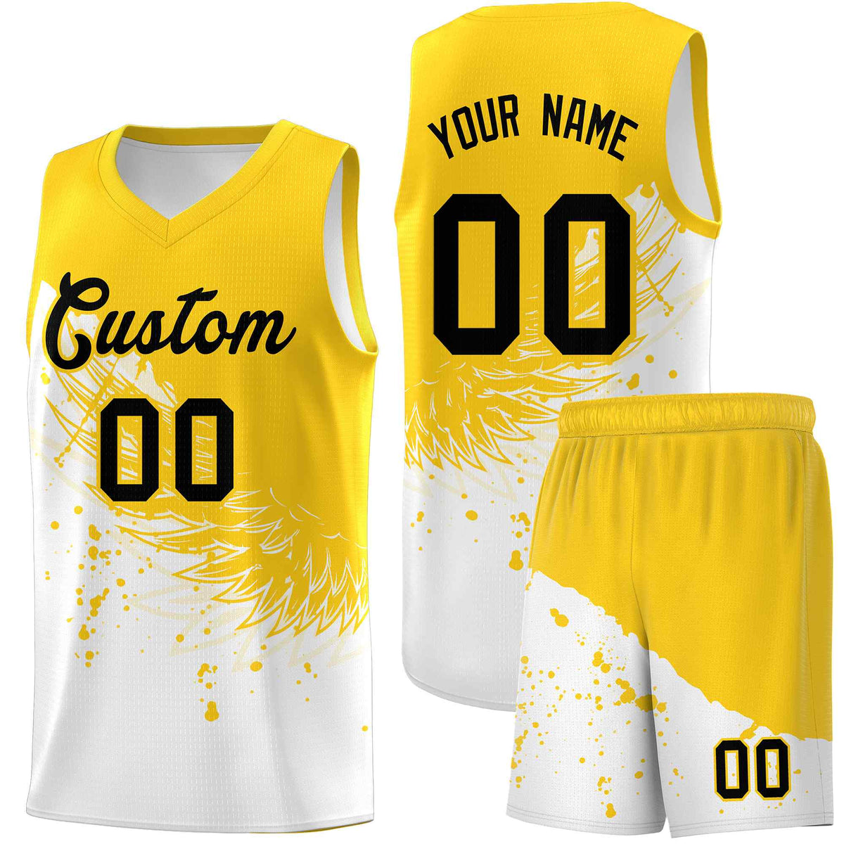 Custom White Gold Wing Pattern Sports Uniform Basketball Jersey