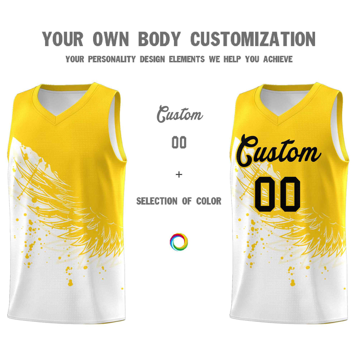 Custom White Gold Wing Pattern Sports Uniform Basketball Jersey