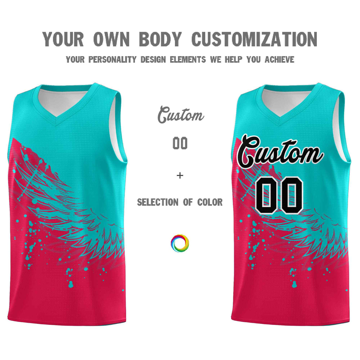 Custom Red Aqua Wing Pattern Sports Uniform Basketball Jersey