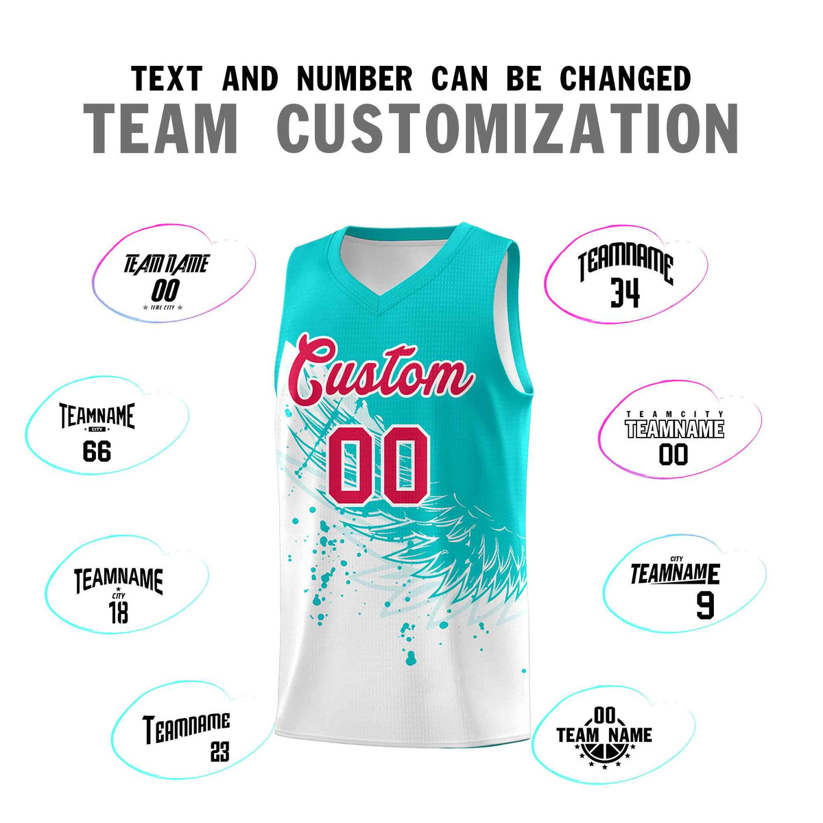 Custom White Aqua Wing Pattern Sports Uniform Basketball Jersey