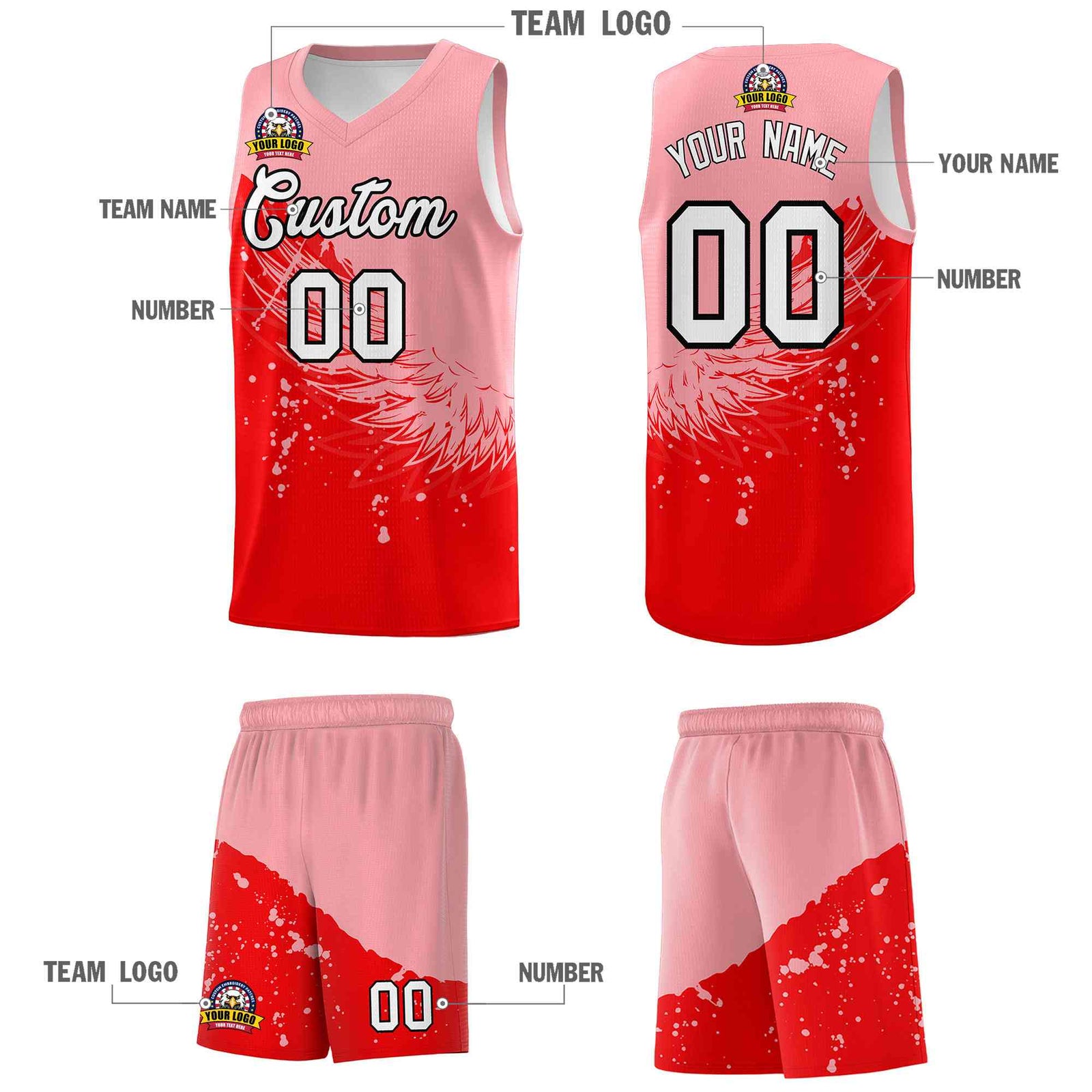 Custom Light Red Light Pink Wing Pattern Sports Uniform Basketball Jersey