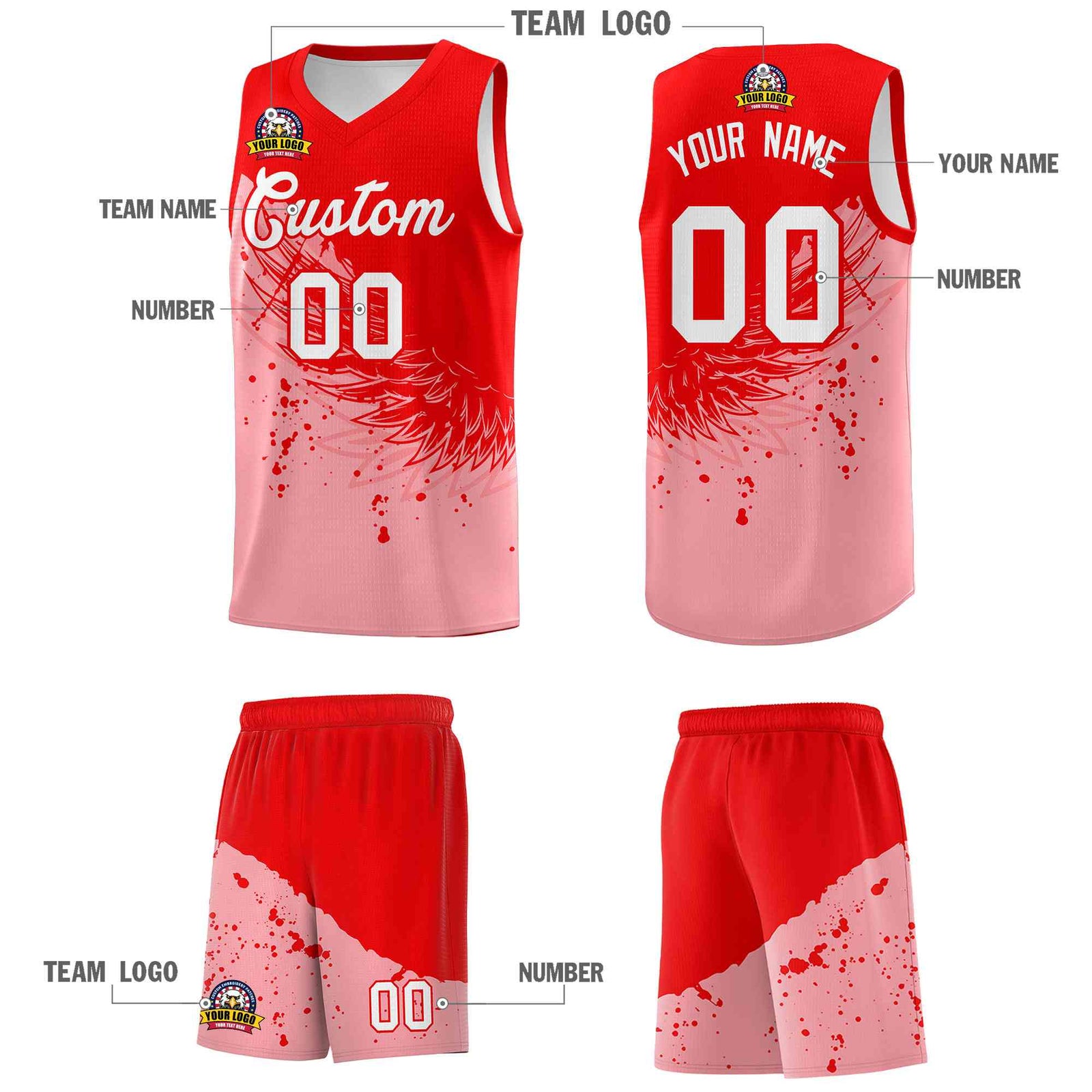 Custom Light Pink Light Red Wing Pattern Sports Uniform Basketball Jersey