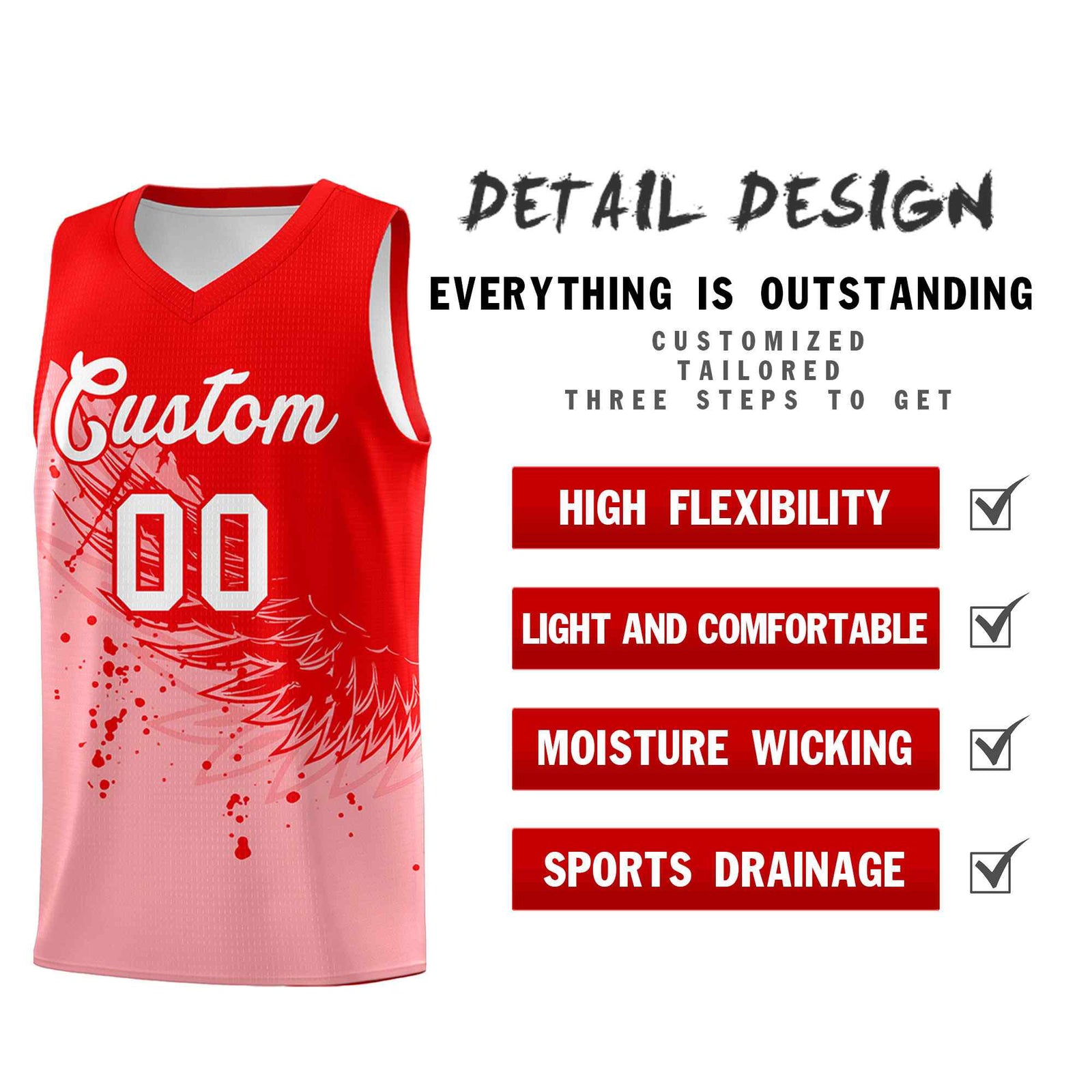 Custom Light Pink Light Red Wing Pattern Sports Uniform Basketball Jersey