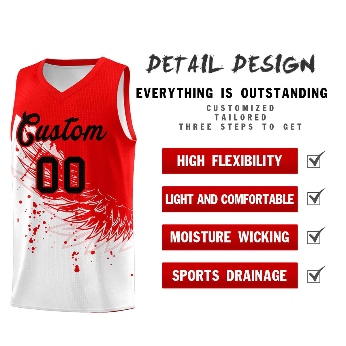 Custom White Light Red Wing Pattern Sports Uniform Basketball Jersey