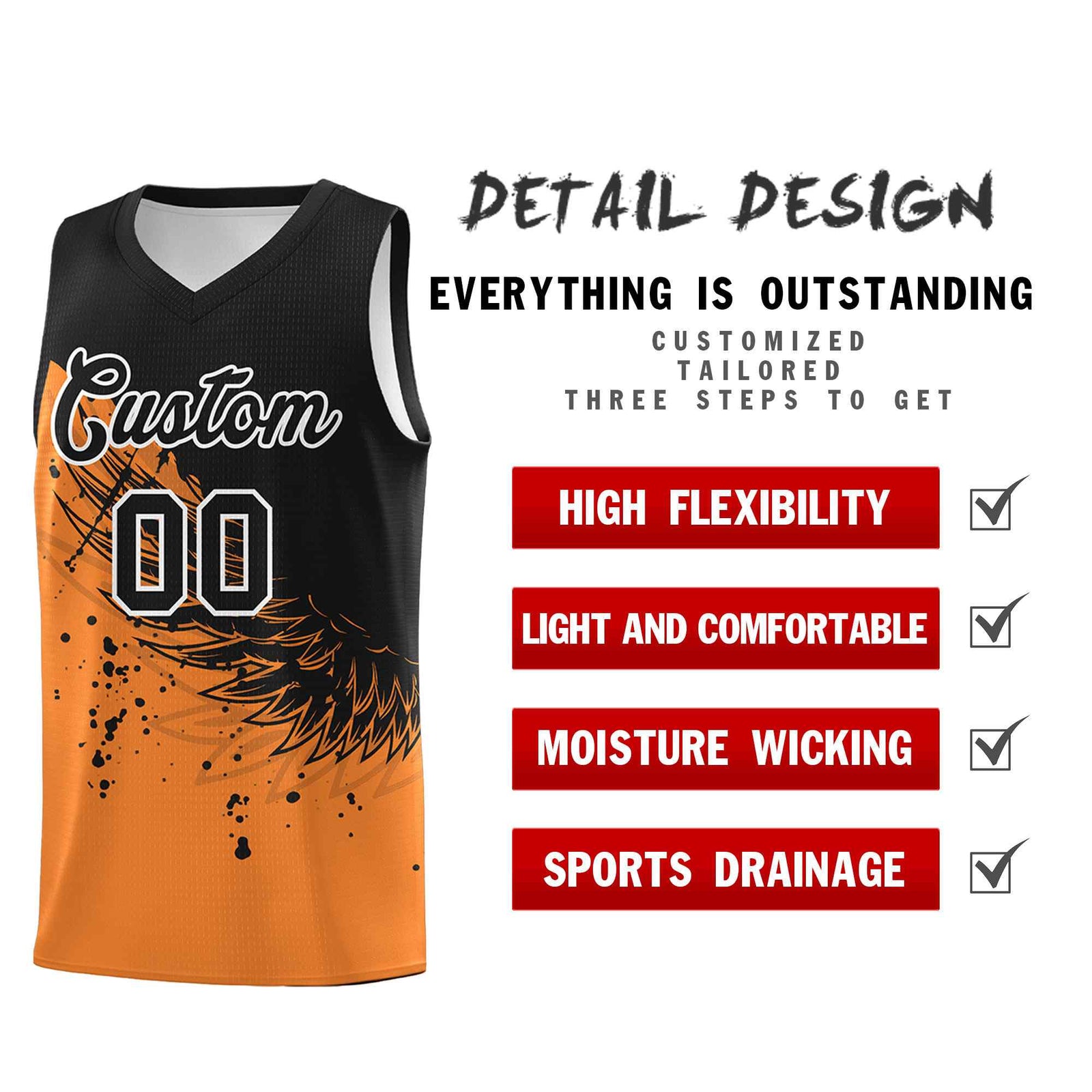 Custom Gold Orange Black Wing Pattern Sports Uniform Basketball Jersey