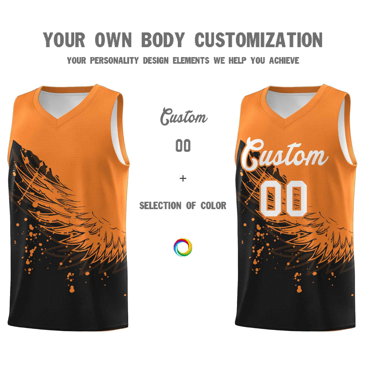 Custom Black Gold Orange Wing Pattern Sports Uniform Basketball Jersey